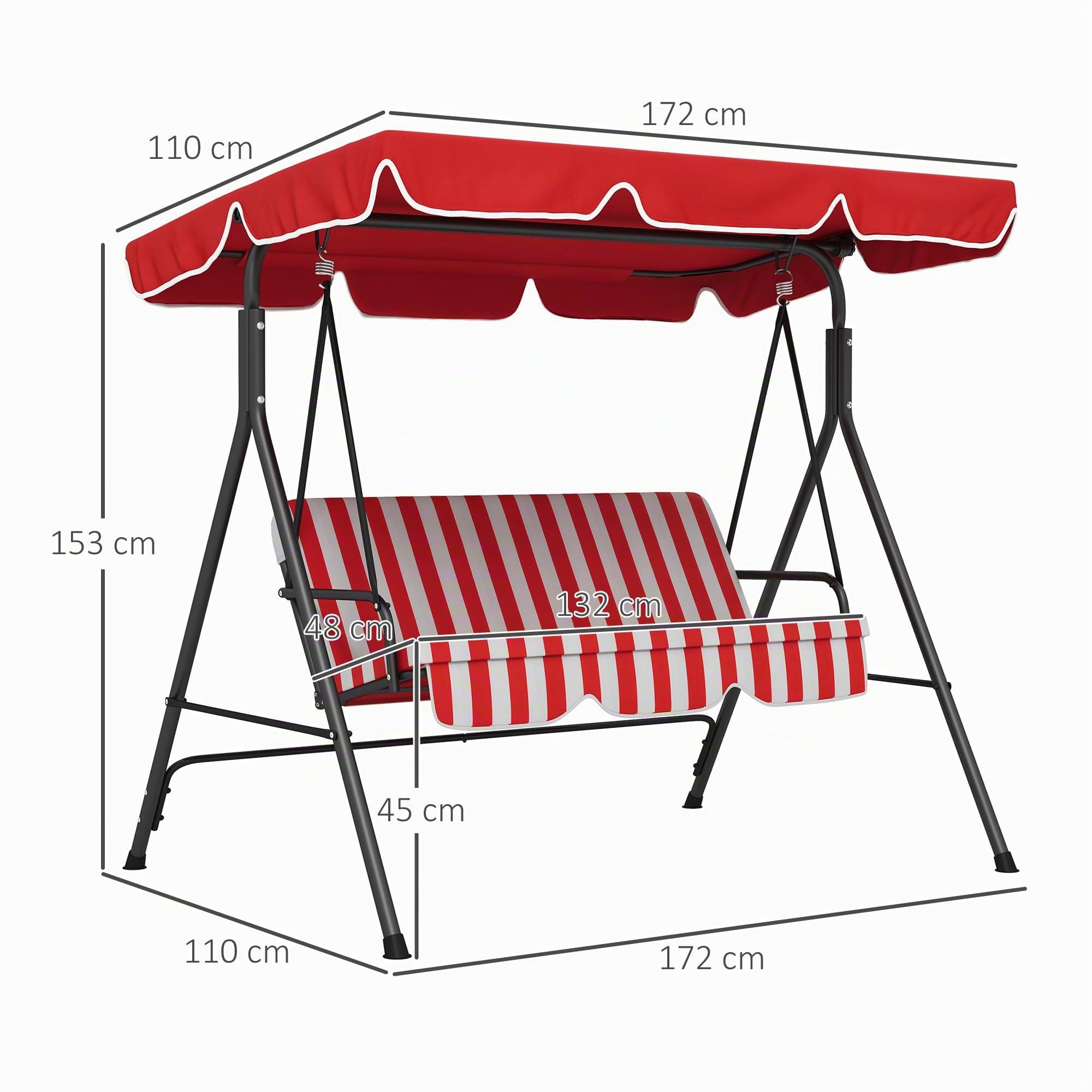 Outsunny Dondolo da Giardino a 3 Posti in Acciaio e Poliestere, Reclinabile Regolabile con Cuscini Seduta e Schienale, Tettuccio Parasole, 1,72 x 1,1 x 1,53 m, Nero e Rosso