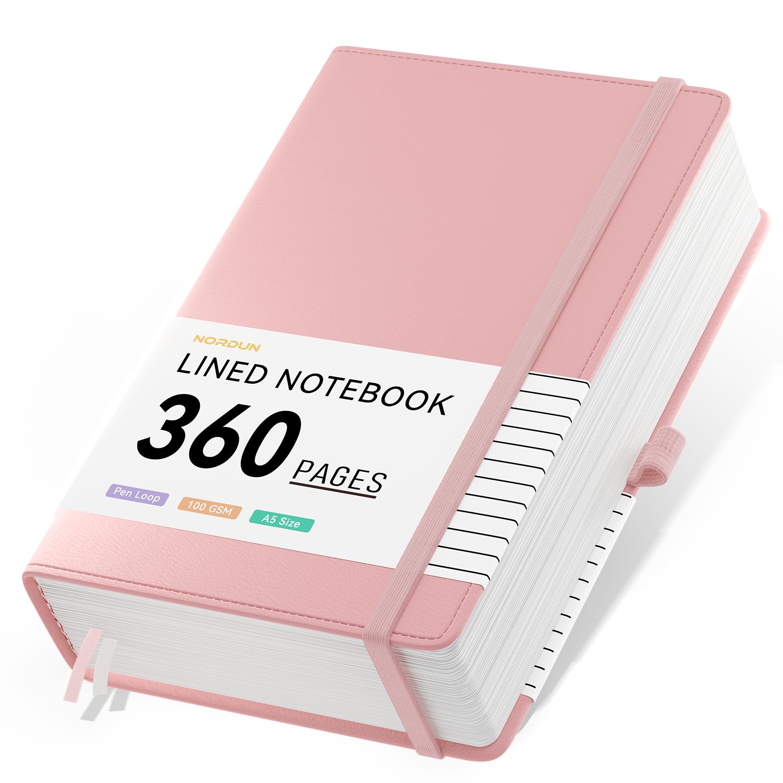 NORDUN A5 Lined Notebook Thick Journal,360 Pages Pink Notebooks for Writing,100gsm Paper Hardcover Leather Journal for Office School Work Women Men,Sticky Tabs,14.5 x 21cm - PINK