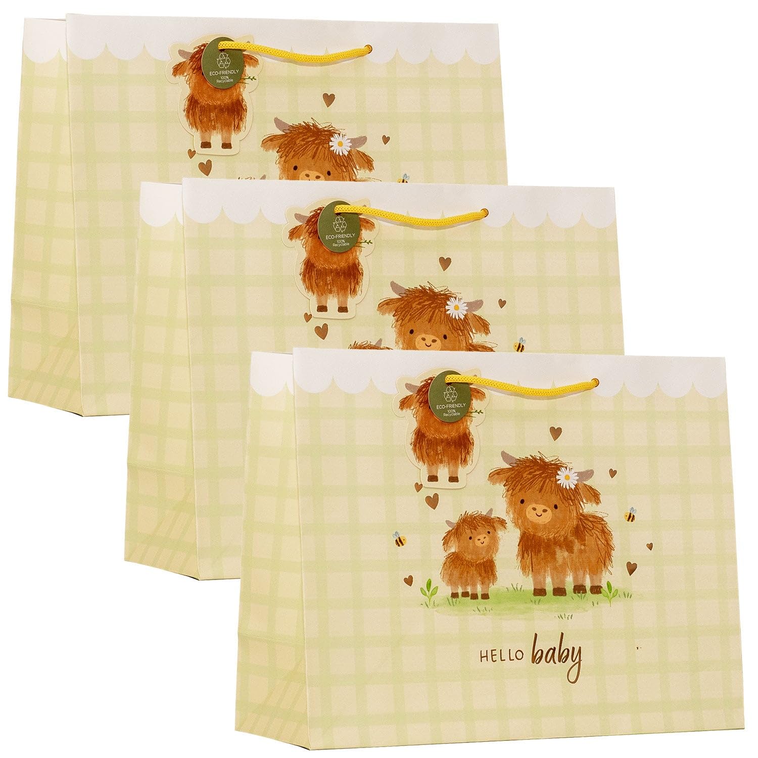 Design By Violet Hello Baby Highland Cow Large Shopper Gift Bag – Set of 3 Decorative Paper Gift Bag for Baby Shower, New Baby, Christening and Newborn Gifts