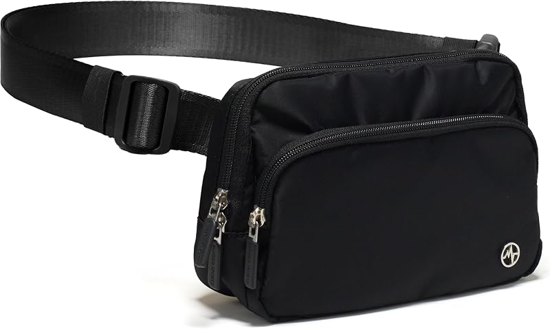 Nylon Crossbody Belt Bag with Excess Strap Keepers, 6-Pocket Adjustable Sling Fanny Pack for Travel and Everyday Carry, Black