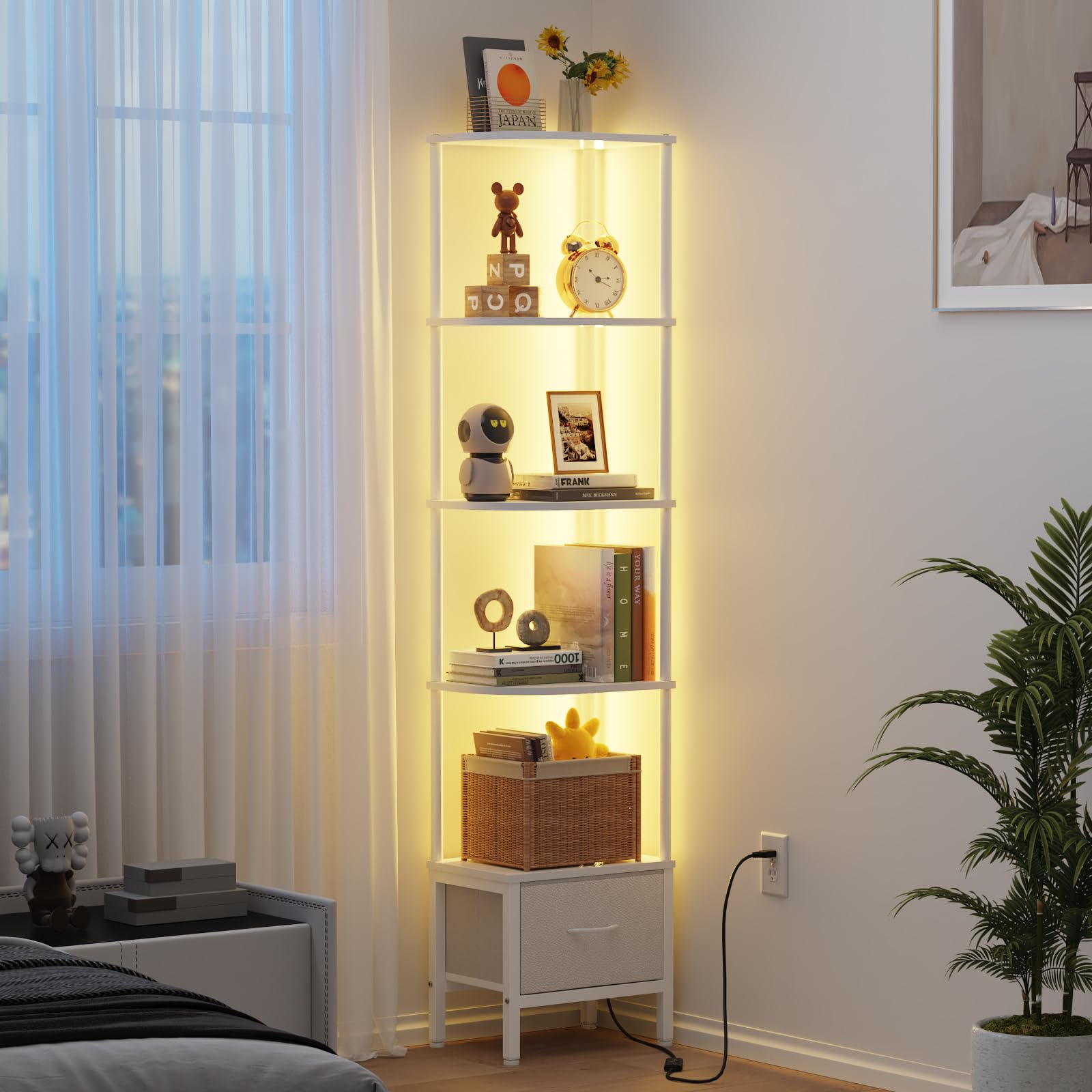 Étagère d'angle 5 Niveaux avec LED et tiroir, Blanc | LED pilotable par APP, montage facile, gain de place, 27×37 cm, étagère étroite, rangement & présentation