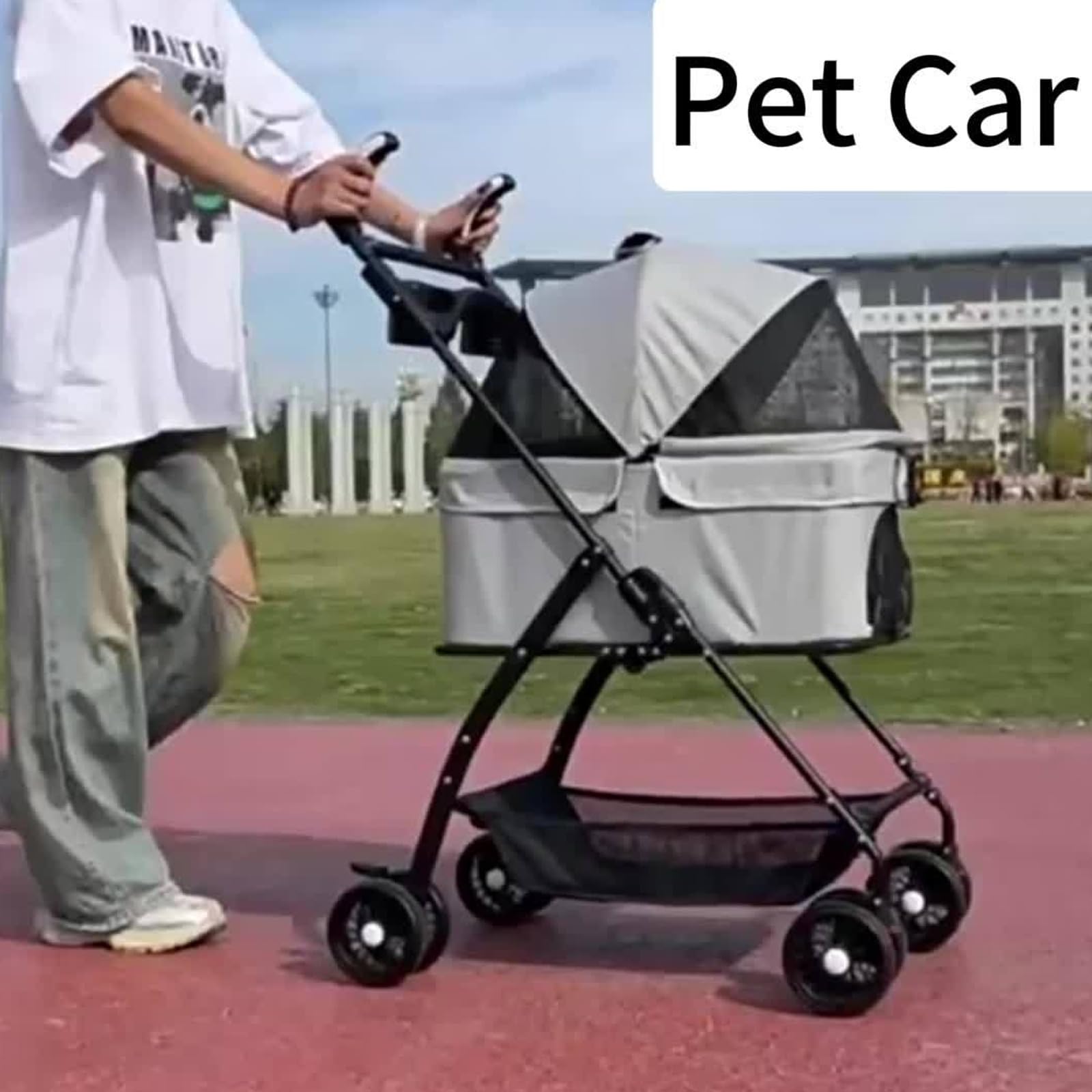 Hundewagen 3-in-1, Klappbar, Für Hunde & Katzen bis 20kg | Abnehmbare Tragetasche, Inkl. Einkaufskorb & Hängetasche, Mesh-Fenster mit Fütterungsöffnung, Kompakt faltbar
