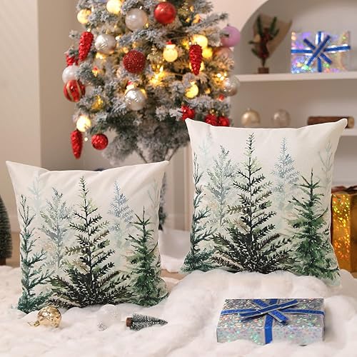 Miniatura 3 de DFXSZ Juego de 2 fundas de almohada de Navidad de 16 x 16 pulgadas, diseño de acuarela azul y verde, árbol de Navidad, estilo rústico, estampado de