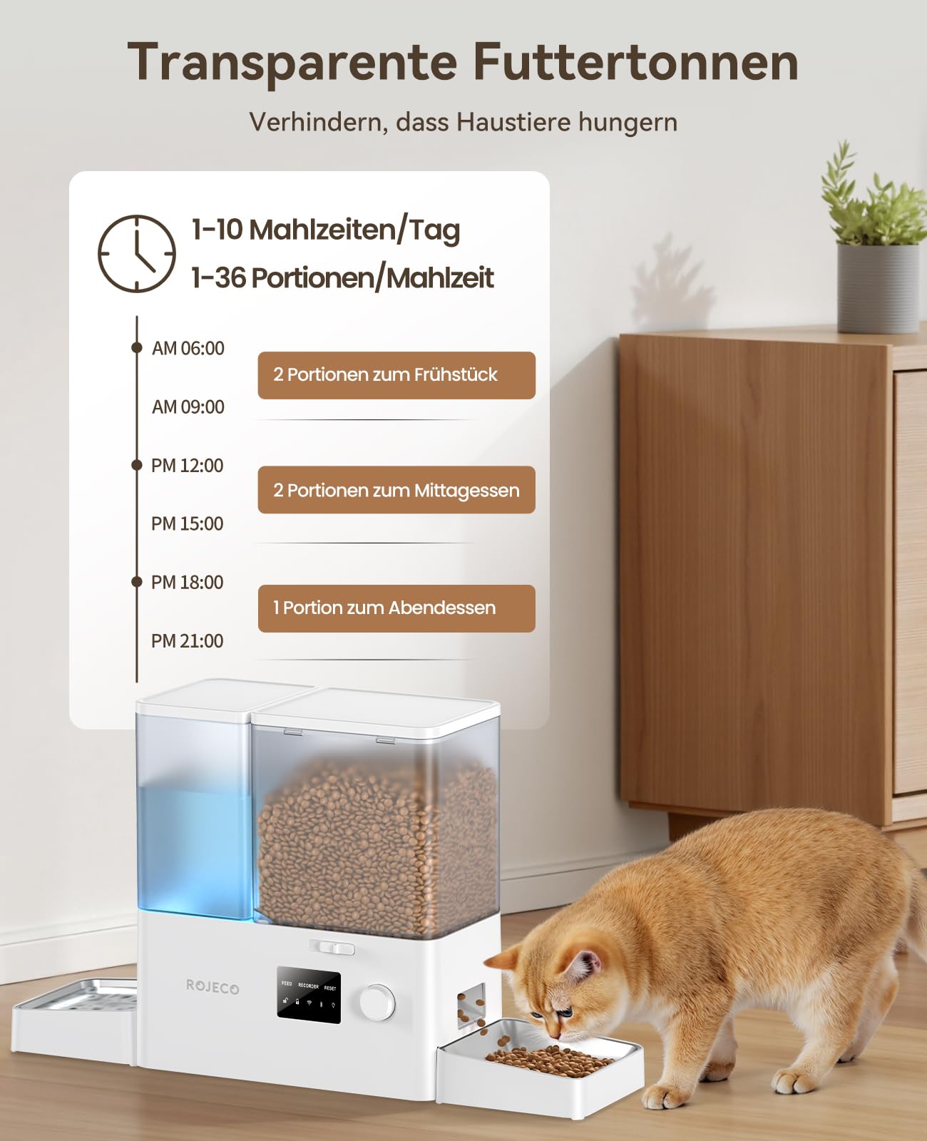 ROJECO Distributore Cibo Gatti Automatico 2-in-1 con Wi-Fi APP, 5L Crocchette + 3.5L Acqua a Gravità, Mangiatoia e Abbeveratoio per Gatti