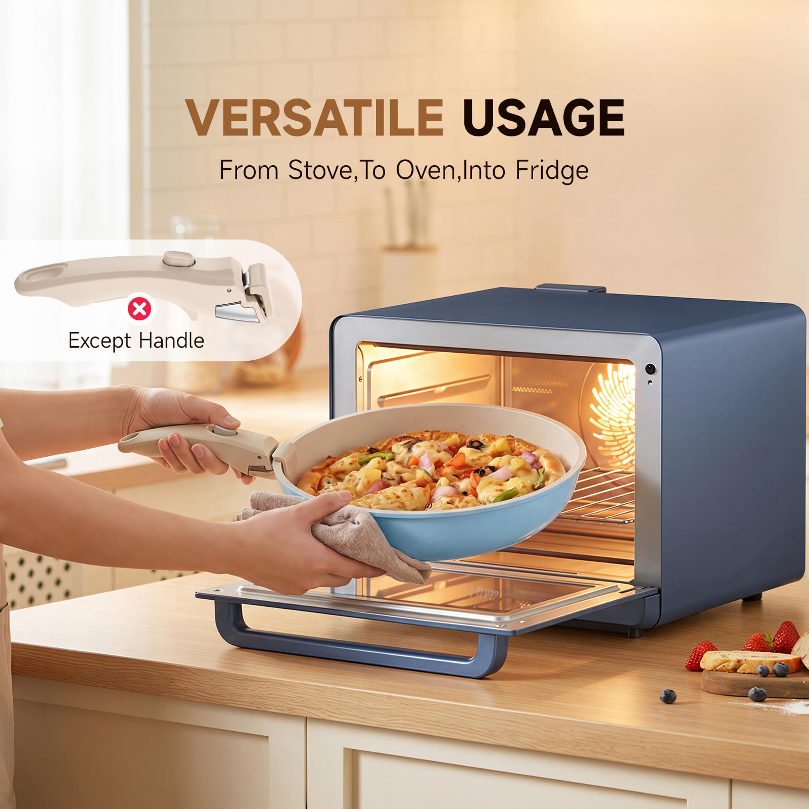 Warmiehomy Set di pentole e padelle antiaderenti da 17 pezzi, con coperchio, manico rimovibile, set di piani cottura a induzione in alluminio, per camper, forno e forno, blu