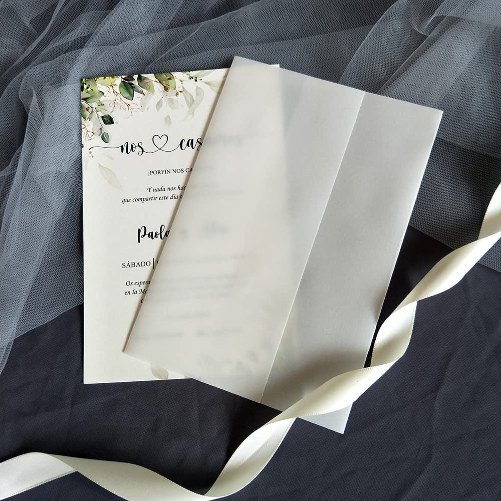 UZAMIRLEX Translucent Vellum Jackets Wrap Jackets, 50pcs/lot Floral Wedding Invitation Card Wrap SemiInvites JacketJackets(Plain No Flower)