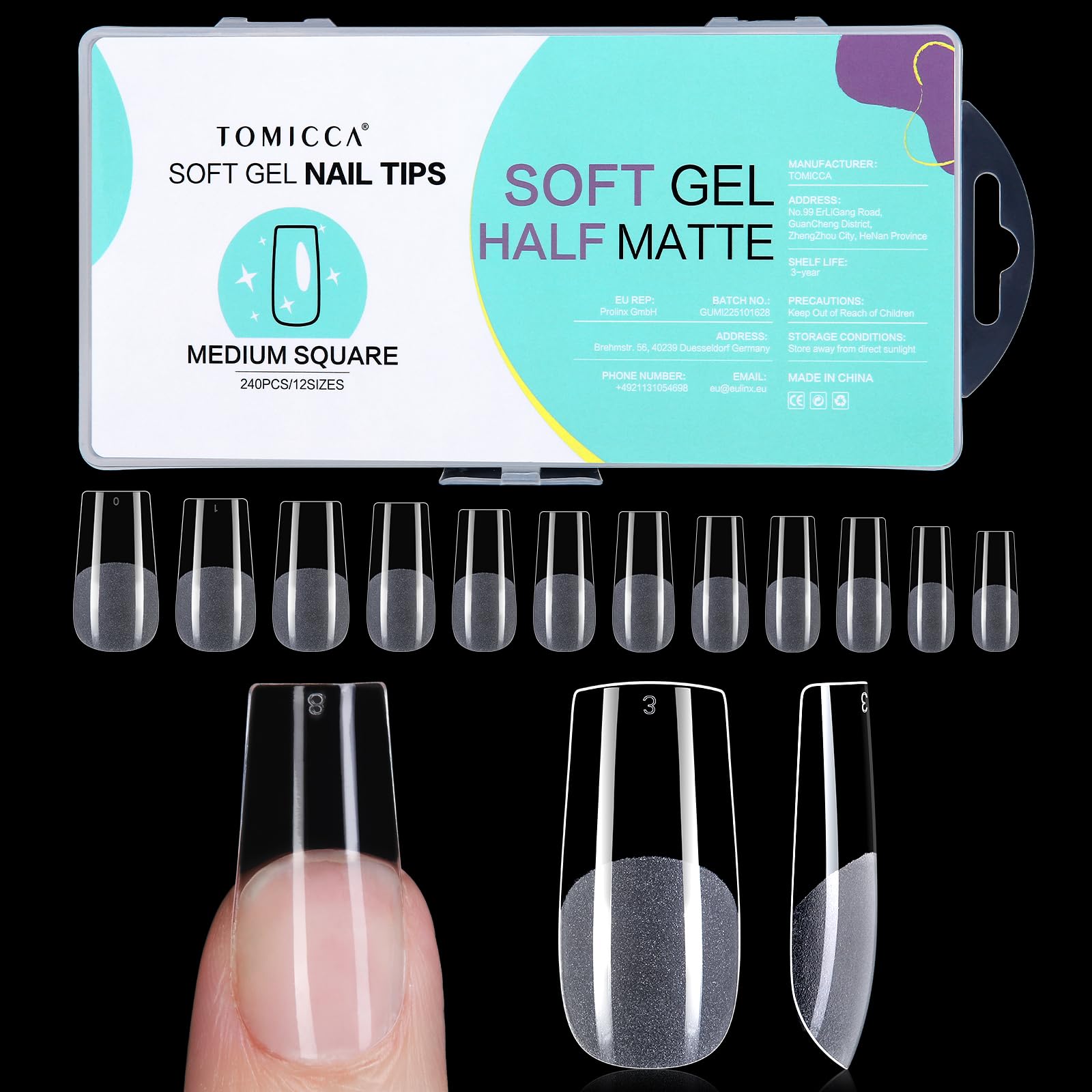 TOMICCA Square Medium Nageltips-Tips für Gelnägel,Gel Full Cover Nail Tips, Pre-Shaped Halbmatt tips nägel Gelly Nagelspitzen für Acrylnägel-240 Pieces 12 Sizes