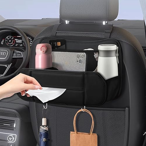 FURSATO Organizador de asiento trasero de automóvil 5 en 1, caja de pañuelos de cuero duradera para automóvil, soporte para bolso colgante, taza de