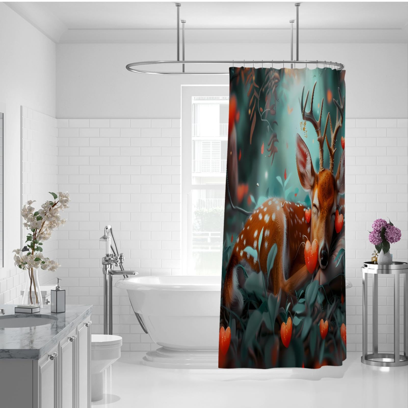 FEIPUHOME Art Cartoon Shower Curtains Sika Deer Jungle Heart Prints Bathroom Curtains - Fabric Waterproof Inner Liner Machine Washable with Hooks 72 x 86 inch