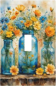 Decorative Switch Covers Plate Rustic Yellow Flowers Floral Blue Bottles 1 Gang Wall Plate Oversized Single Toggle Wall Cover Plate Jumbo Electrical Light Switch Plate Faceplate