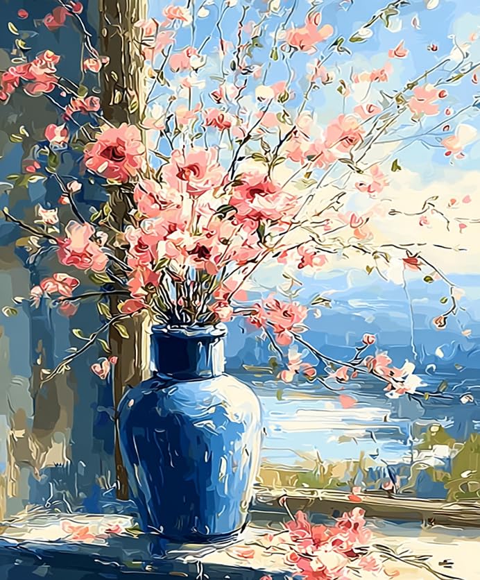 DIY Flowers in Vase Paint by Number for Adults,Painting Kits for Adult,Color by Numbers,Seascape Paint by Numbers Canvas Crafts Watercolor for Beginner Room Decor (Spring Whispers at the Window)