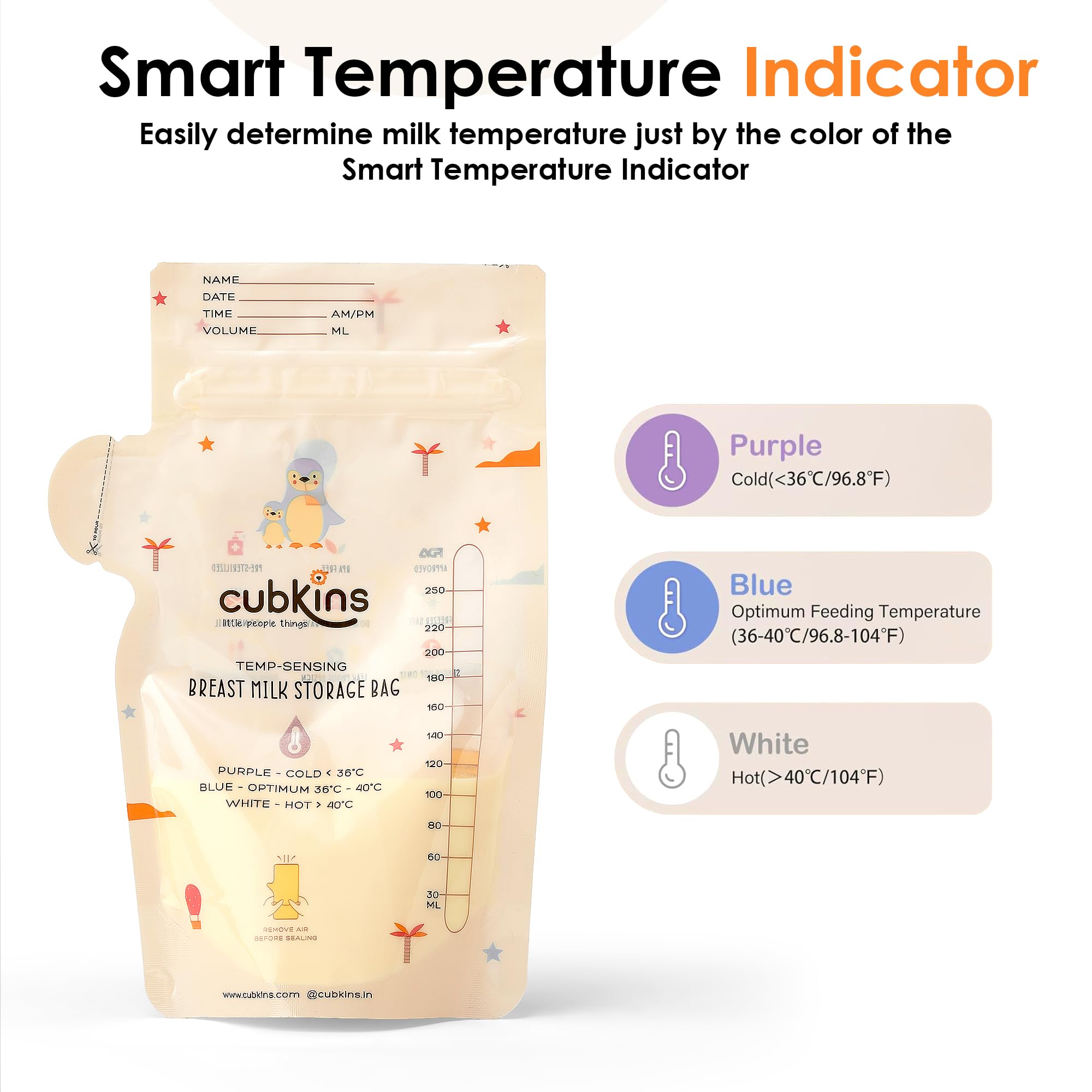 CUBKINS Breast Milk Storage Bags (Pack of 50), Pre-Sterilized, Smart Temp Sensor, BPA Free, Single Use, Leak Proof Double Zip, Separate Fill & Pour Spouts, 250 ml Capacity, Marker Included,Multicolor - Image 4 thumbnail