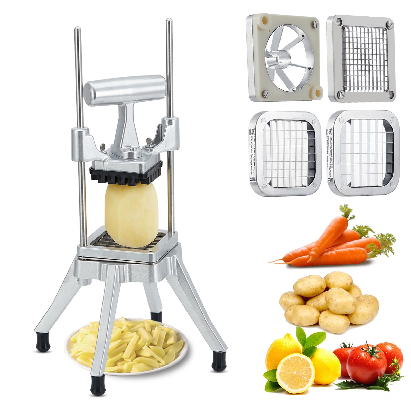 Garvee Cortador Manual Profesional De Verduras y Frutas – Acero Inoxidable – 4 Cuchillas Intercambiables (1/4", 3/8", 1/2", Cuña De 6) – Mango Ergonómico y Base Antideslizante – Fácil De Limpiar