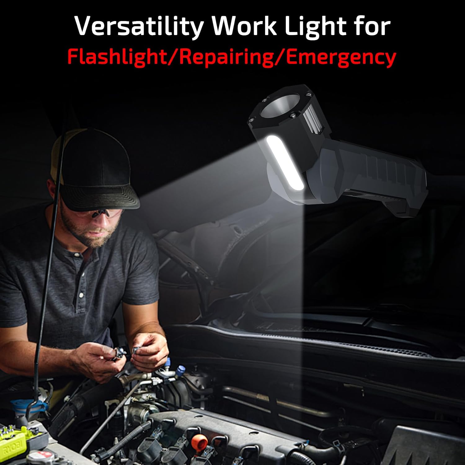 Rechargeable LED Work Light, 1200 Lumens Work Light with 160° Swivel Head, Magnetic Base & Hook, Magnetic Work Lights with 6 Lighting Modes for Car Repairs, Emergencies, and Power Outages(Grey)