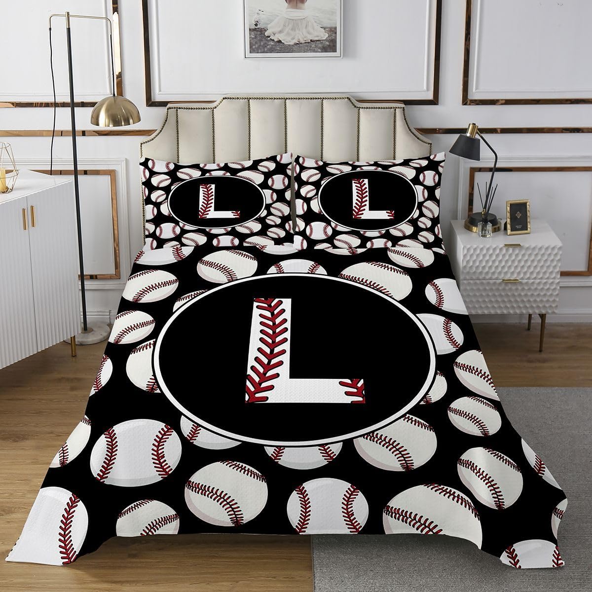 Erosebridal Alphabet Letter L Bedspread Queen Ball Sports Games Competition Quilt Set Personalized Initial Coverlet Set for Kids Adults,Cool Decor for Baseball Lovers Bedding Quilted