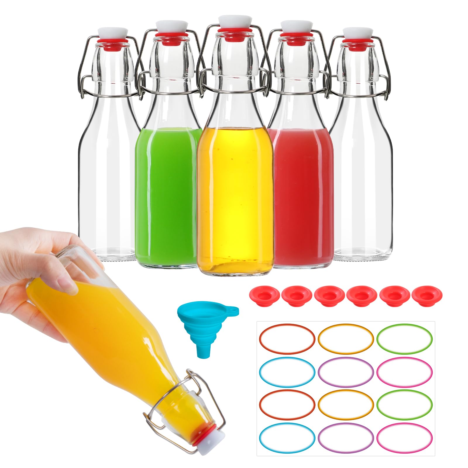 EkkoVla 250ml Glass Swing Top Bottles with Lids, 6 Pack – Reusable for Kombucha, Beer, Oil, Vinegar, Kefir & Homemade Drinks