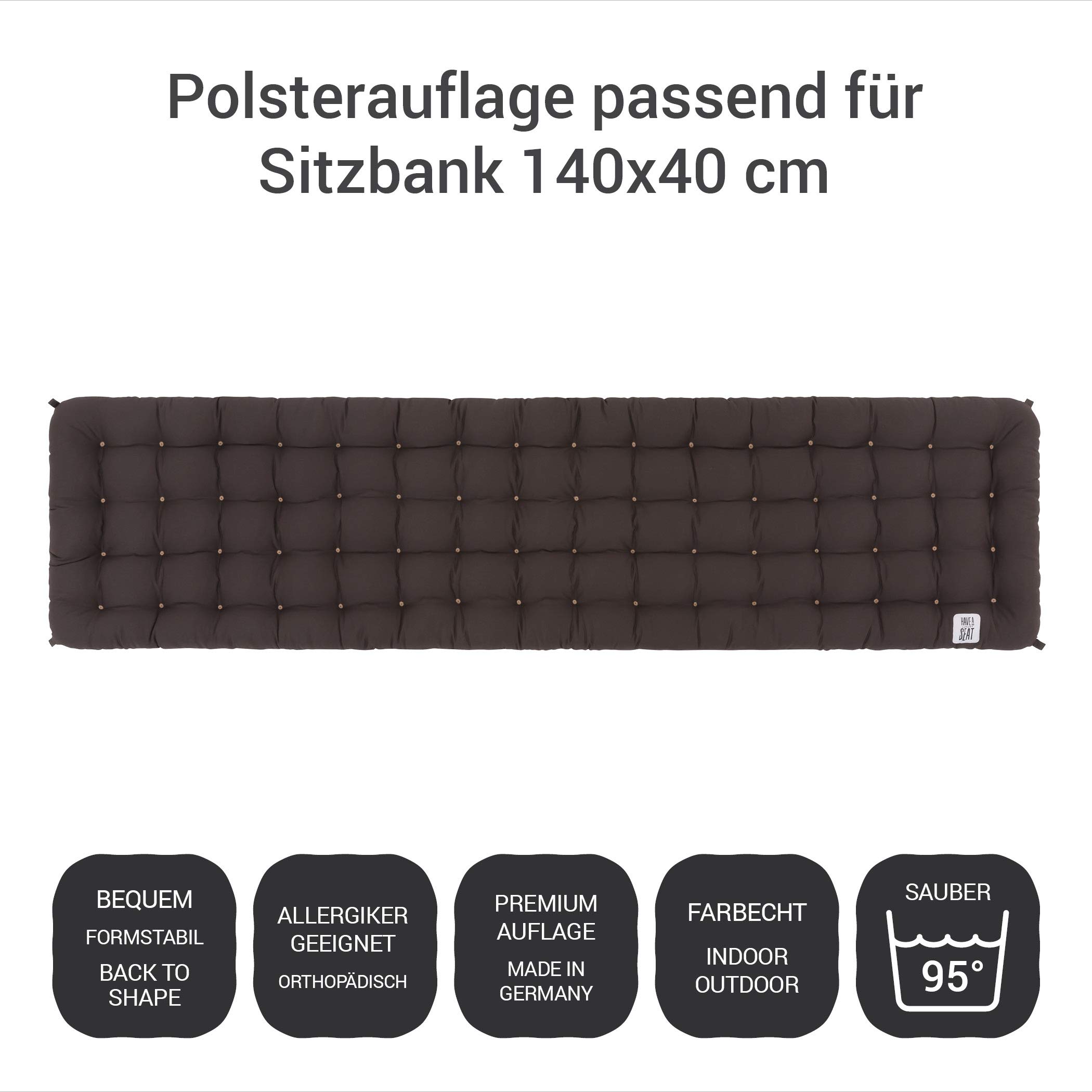 Poduszka na ławkę, wygodna poduszka do siedzenia – ortopedyczna nakładka na siedzisko, nadaje się do prania w temperaturze do 95°C, wyprodukowano w Niemczech (brązowa, 140 x 40 cm)
