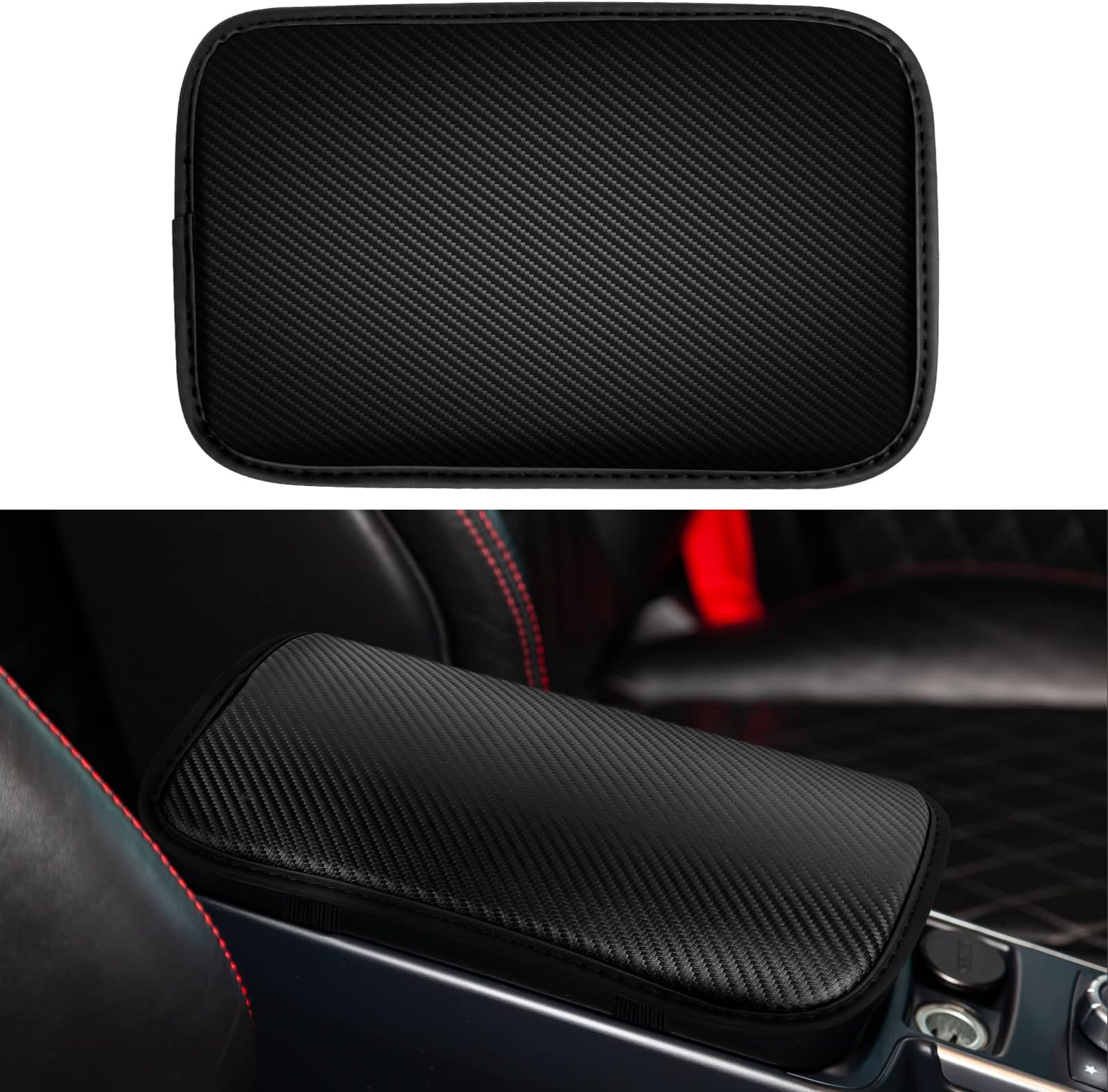 Amiss Car Center Console Pad, Universal Waterproof Car Armrest Seat Box Cover, Car Interior Accessories, Carbon Fiber PU Leather Auto Armrest Cover Protector for Most Vehicle, SUV, Truck, Car (Black)