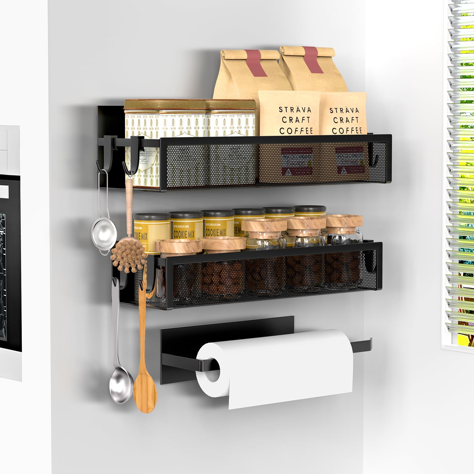 Averrex Magnetic Spice Rack and Kitchen Paper Holder for Fridge, 2 Pack Strong Shelf with 1 Towel Holder, No Driling Kitchen Storage Rack, Metal Spice Organiser, Moveable Shelves for Home Kitchen