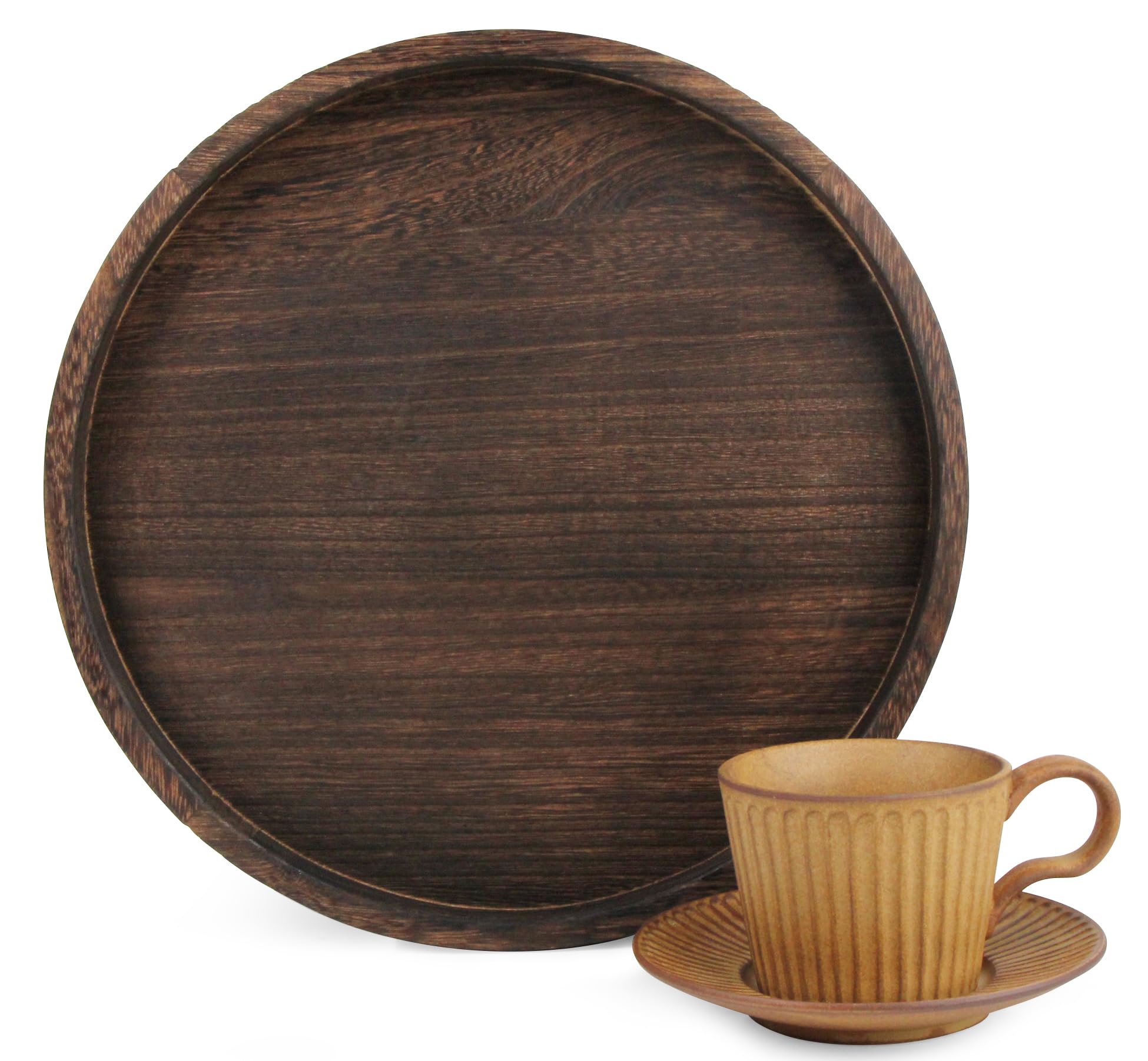 Gurfuy Round Serving Tray 12" - Rustic Wooden Decorative Table Tray for Farmhouse Coffee Table Trays Living Room Kitchen Counter Breakfast Brown