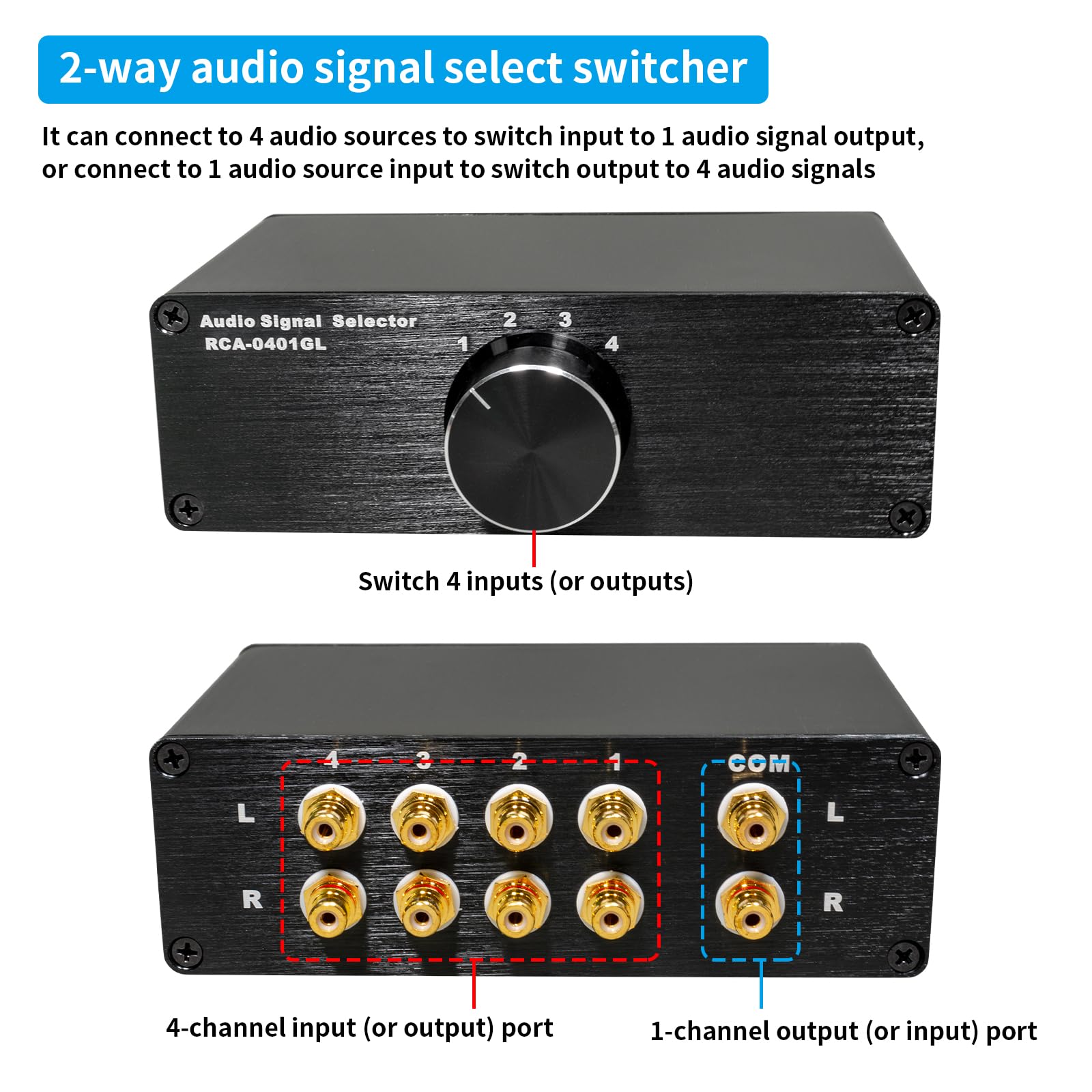 Conmutador pasivo de audio estéreo L/R de 4 vías, salida 4 en 1 y 1 en 4 salidas, señal sin ruido para sistema de alta fidelidad, tocadiscos, PC, reproductor de CD, aluminio