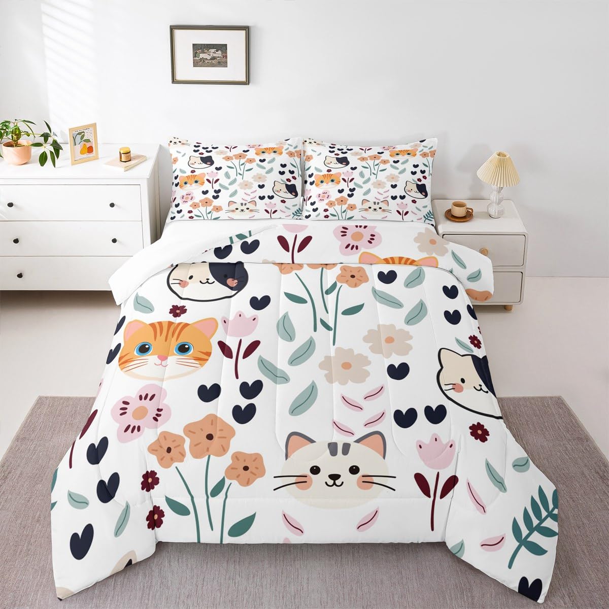 Feelyou Cute Kitten Comforter Set - Queen Size, Cartoon Cat &amp; Kawaii Cats and Flowers Duvet Set for Kids &amp; Toddlers