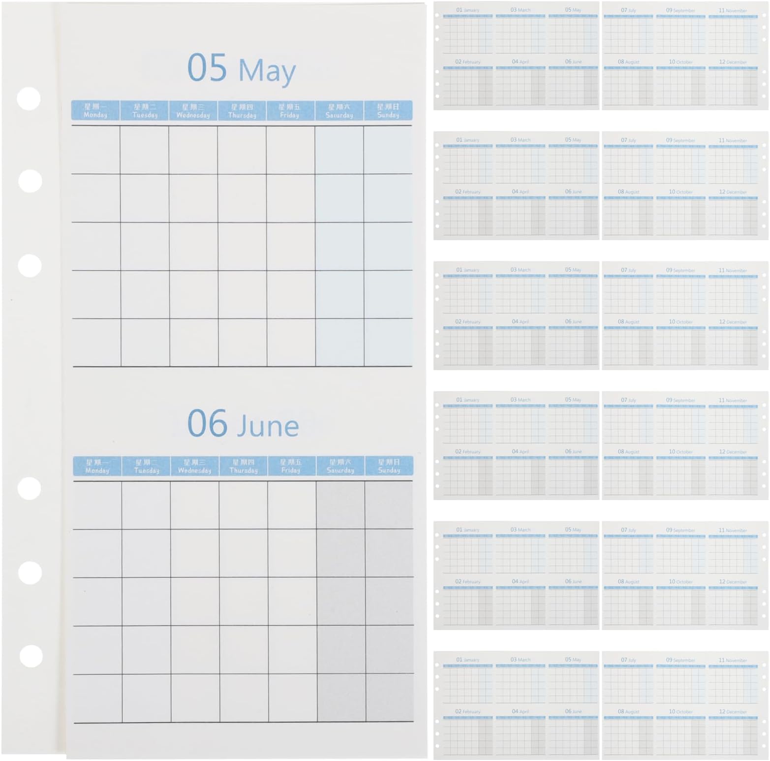 20 Sheets A6 Monthly Planner Refills, Double-sided Foldable Yearly Calendar Inserts, Universal Paper Schedule Sheets for 6-ring Binder Organizers and Personal Office Planning
