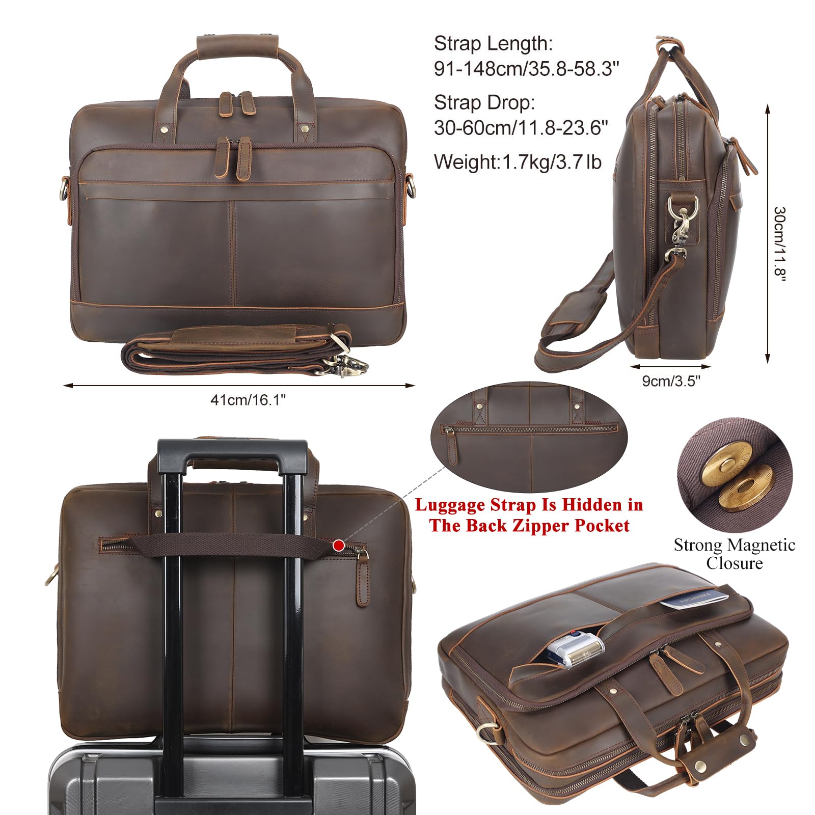 Maletín de cuero para hombre de 17 pulgadas para laptop, bandolera, bolsa de mensajero, para negocios, viajes, trabajo, abogados