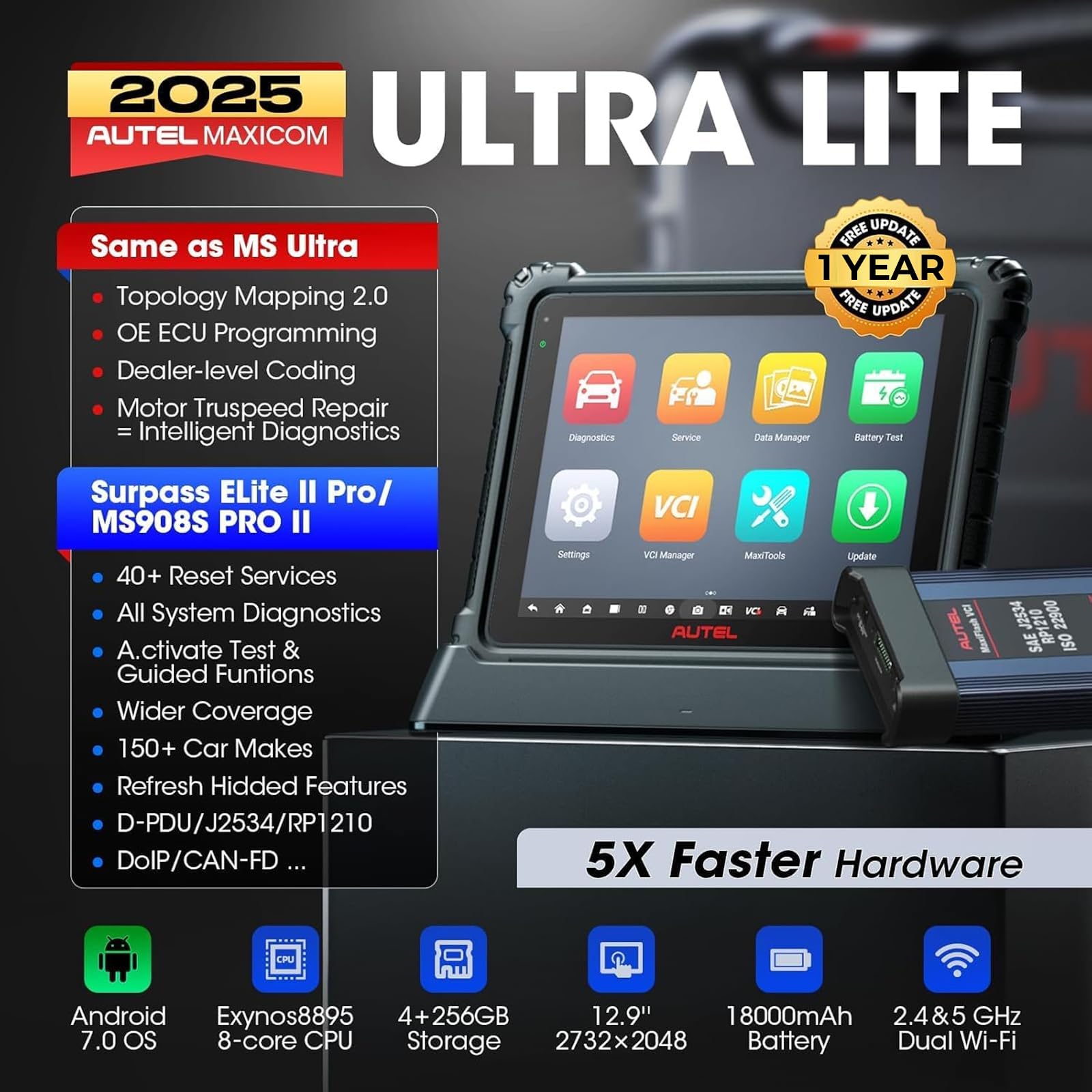 Autel MaxiCOM Ultra Lite OBD2 Diagnosegerät: 2 Jahre Update, Intelligentes Diagnosegerät, Neueres Modell von MS Elite MS919 MS909, ECU-Programmierung/Codierung, Topologie, Aktiver Test, 40+ Service