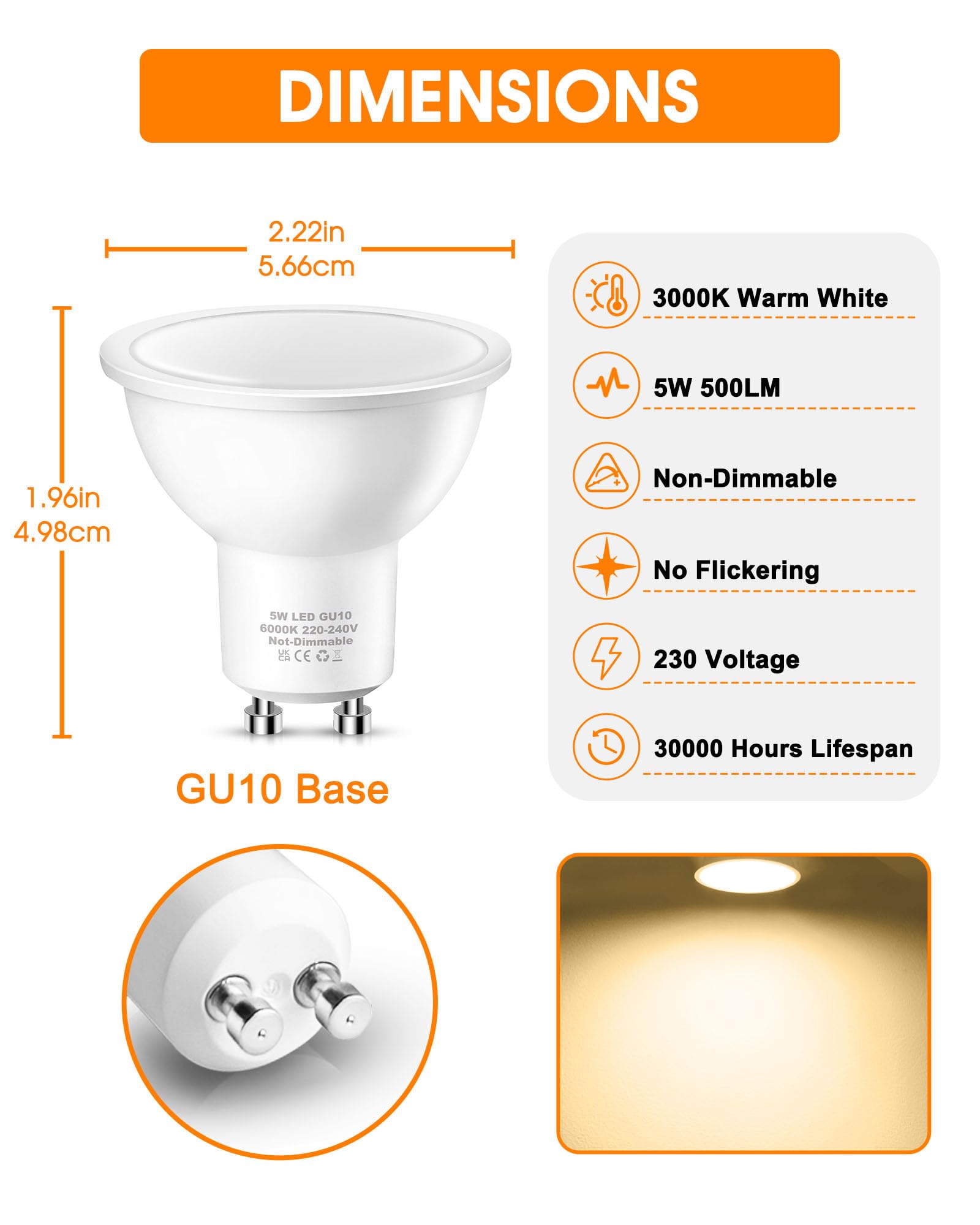 6 GU10 LED Lampen 5W – Ersetzt 50W, 3 Farbtemperaturen (3000K/4000K/6000K), 38° Abstrahlwinkel, Nicht Dimmbar