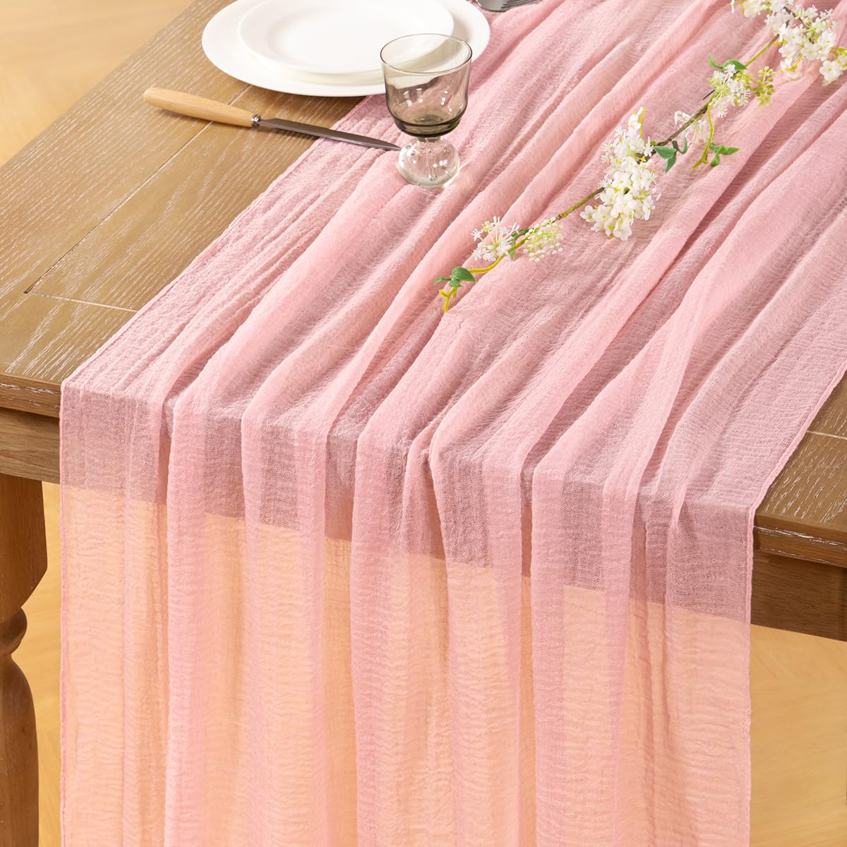 DeZerlor Blush Pink Cheesecloth Table Runner Spring Easter Table Runner 120 inches Boho Gauze Pink Cheese Cloths for Wedding Bridal Baby Girl Shower