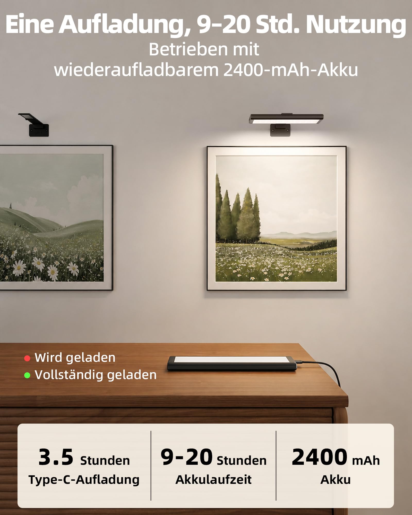 EZVALO Bildbeleuchtung Kabellos, Wandleuchte Innen LED, Fernbedienung, Dart Beleuchtung, 3 Farbtemperaturen, integrierter 2400mAh Akku, Magnetische Bilderleuchte für Gemälde, Foto (Schwarz, 2 Stück)