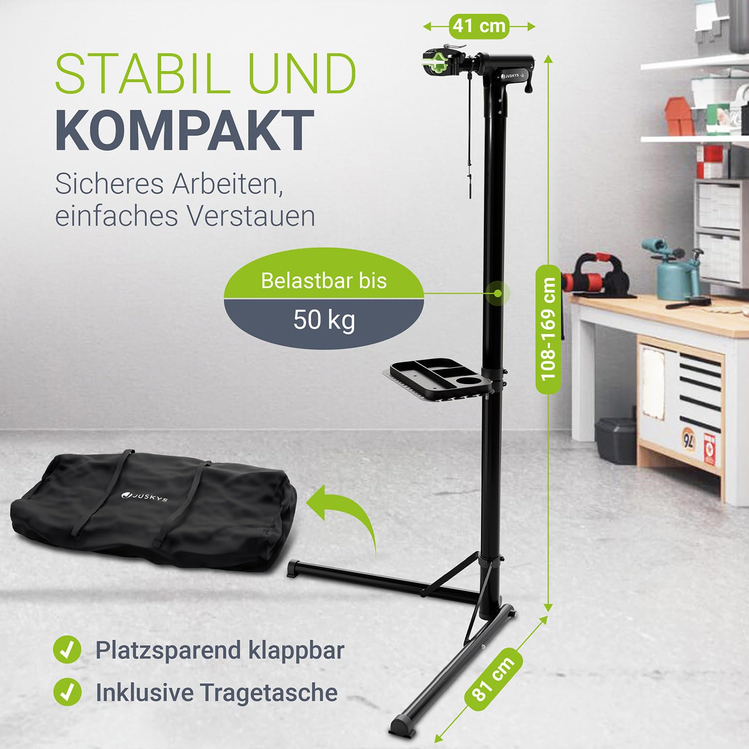 Juskys Fahrrad Reparaturständer, bis 50 kg für E-Bike, klappbar & höhenverstellbar, Klemmkopf 360° drehbar, Gummibeschichtung & Werkzeugablage, Schwerlast Fahrradständer für 24 bis 29 Zoll Fährräder
