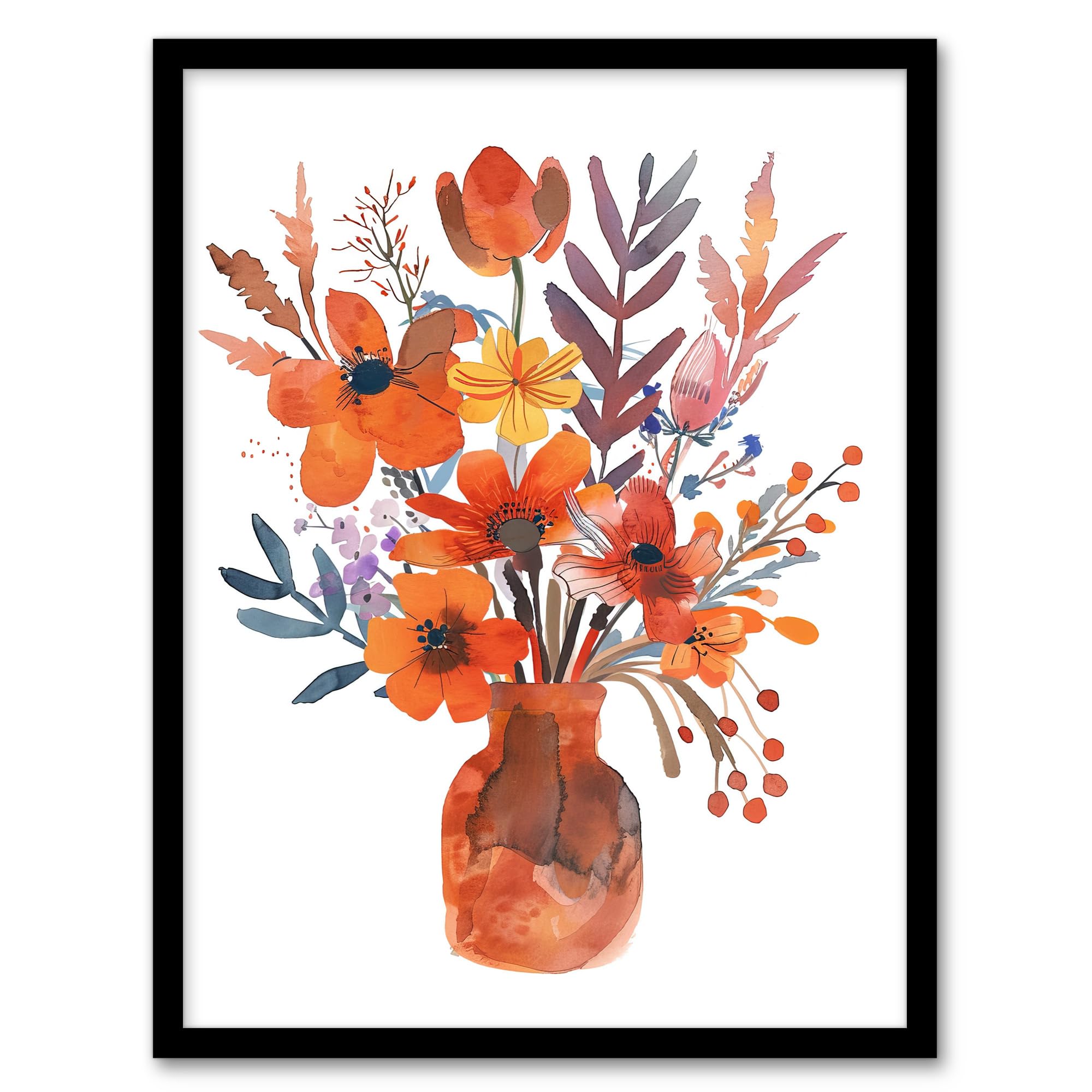 Artery8 Bright Autumnal Flower Bouquet Vase Watercolour Living Room Artwork Framed Wall Art Print A4