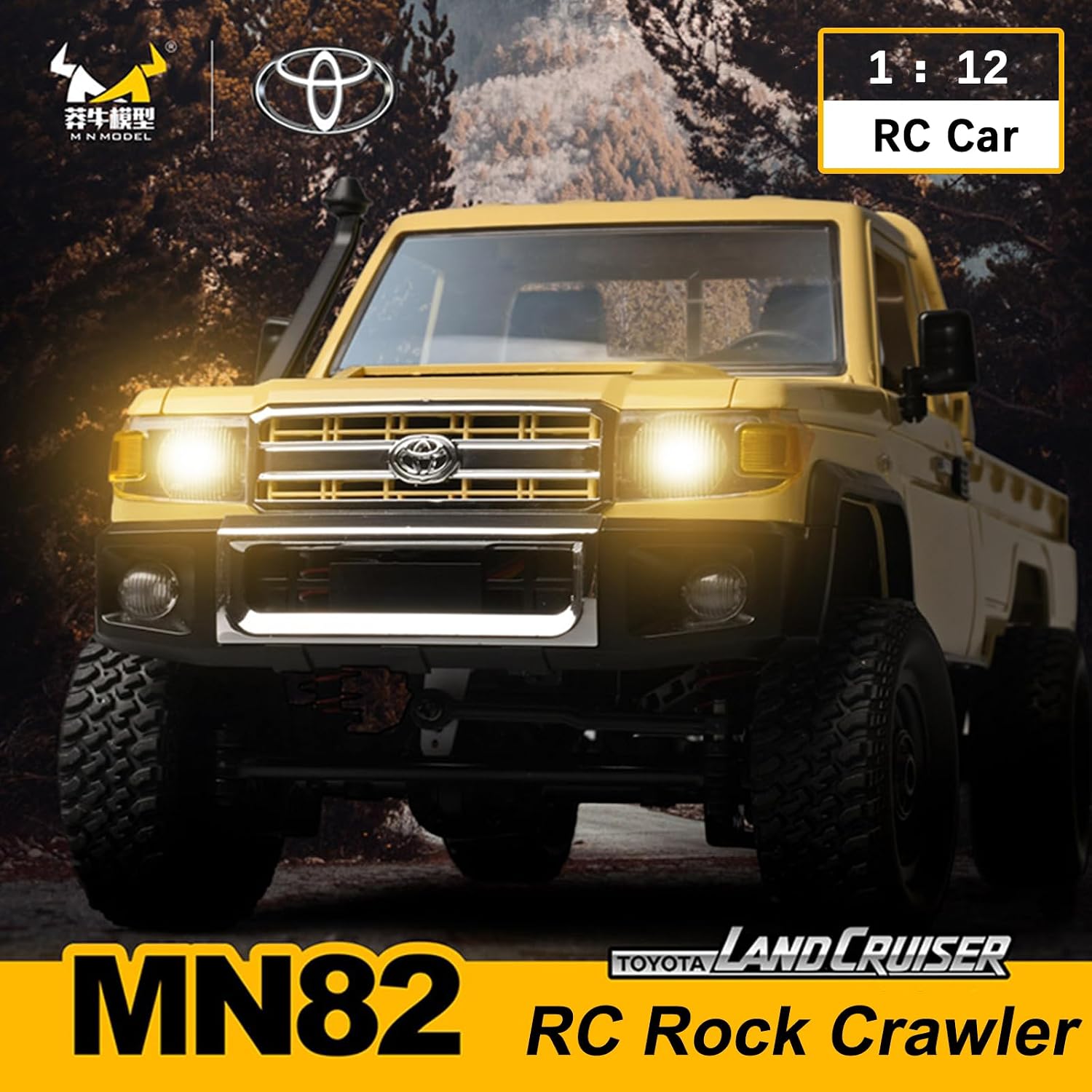 MN82 RC Crawler with Two 1500mAh Battery 1/12 RC Truck 4x4 Toyota LC79 2.4GHz Remote Control Off Road Rock Crawler with Decoration Parts Full Proportional Pickup for Adults Yellow