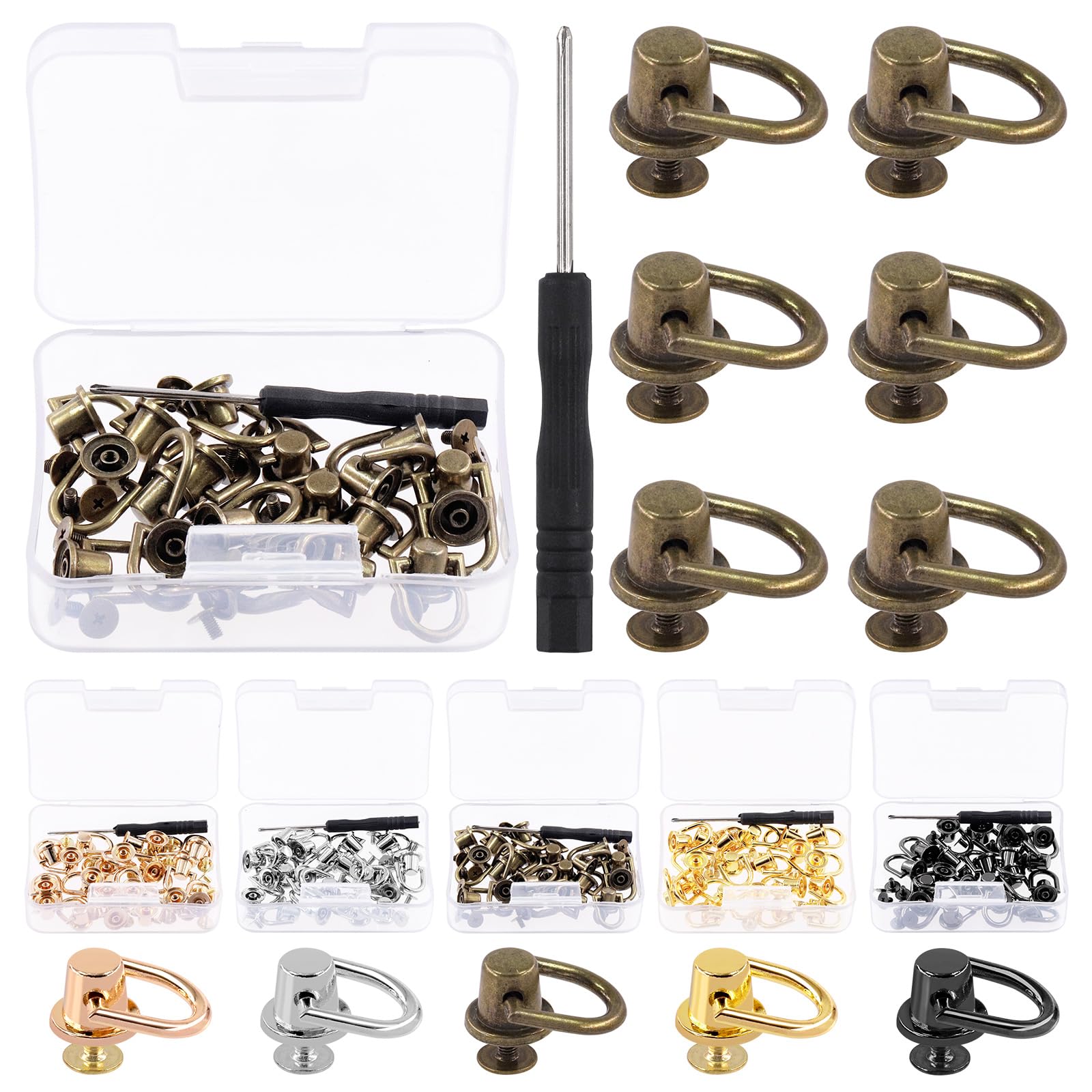 Glarks 21Pcs D Ring Rivets 5 Colors Ball Post Head Buttons Metal D Ring Stud Rivets Rotatable Round Rivets with Screwdriver, for Bags, Belts, DIY Leather Crafts (Black Bronze)