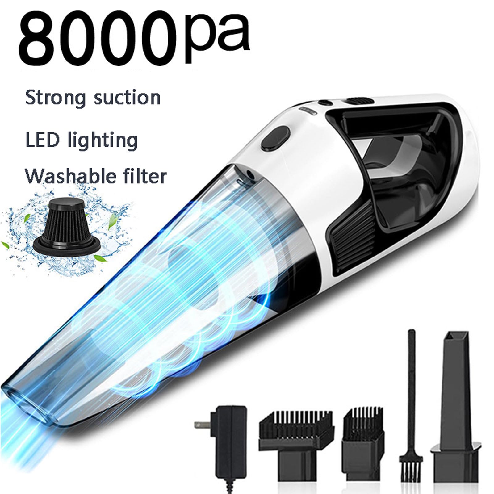 Aspiradora Coche,Aspirador De Mano para Coche Con iluminación LED,8000PA Aspiradores Potente,con 6000mAh Batería Recargable,Filtro lavable,Mini Aspiradora de Mano Para Pelo De Mascotas,Coche,Hogar