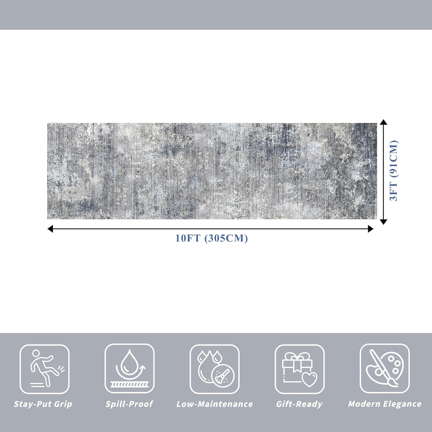3x10 ft Long Hallway Runner Rug – Non-Slip Washable Kitchen Floor Rug with Rubber Backing, Modern Low Pile Thin Wide Carpet Runners for Bedroom, Entryway Indoor（Blue Grey,3x10） - Image 2