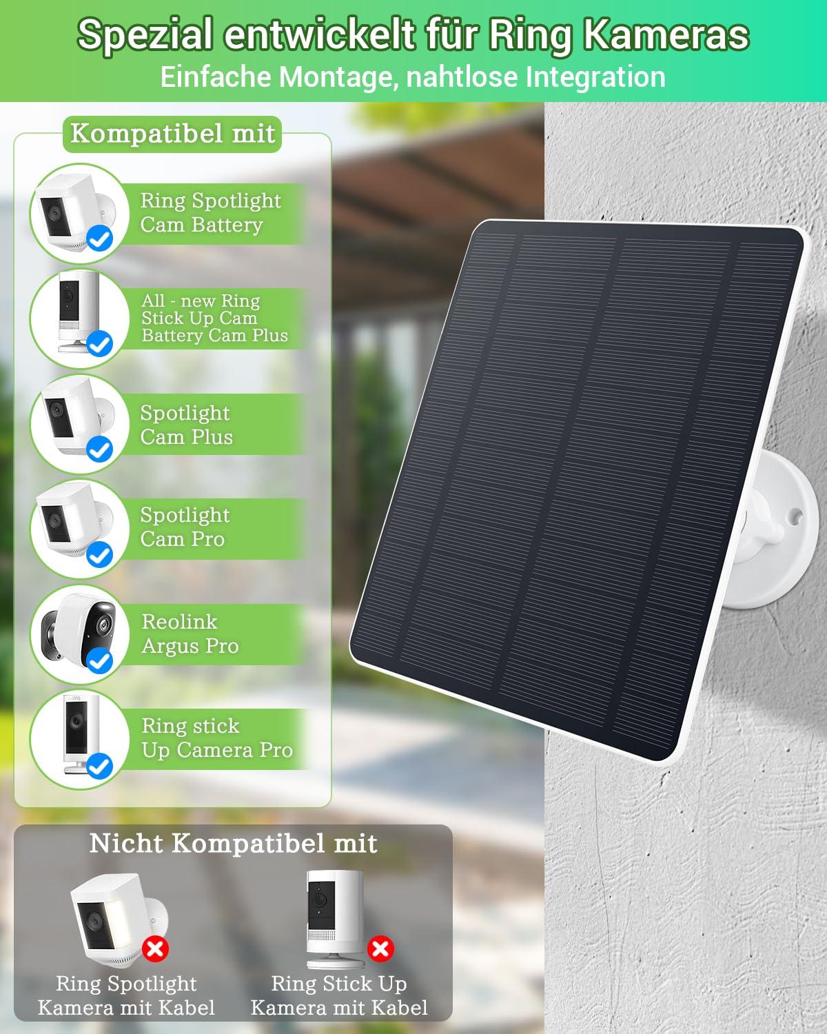 5W Solarpanel für Ring Kamera – Hochleistungs Solarmodul, IP65 Wasserdicht & Langlebig, Solar Panel für Ring Stick Up Cam/Pro Batterie,Spotlight Cam/Pro/Plus Batterie, 360° Verstellbare Halterung (2)