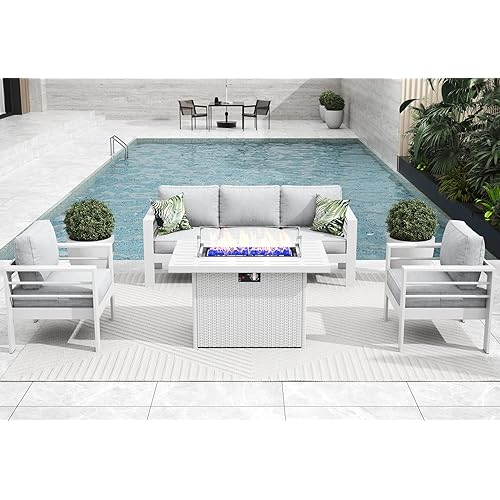 4 Pieces Modern Aluminum Patio Furniture Set with Fire Pit Table, Outdoor Conversation Sets Metal Sectional Sofa