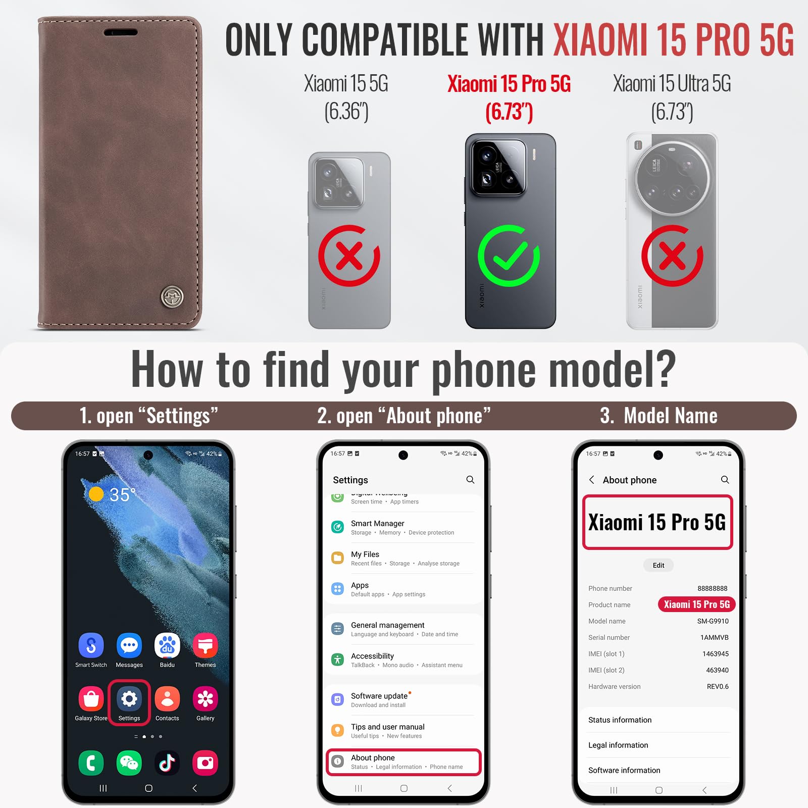 Samokor Cover per Xiaomi 15 Pro 5G Pelle Flip Custodia Cavalletto Portafoglio Magnetica Carta Fessura Antiurto per Xiaomi 15 Pro,Caffè