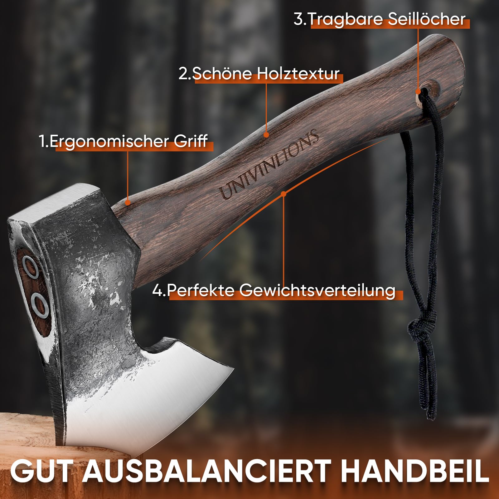 Hachas Outdoor,Hacha Supervivencia Pequeña,27cm Hacha para Leña Bellota,Hacha Bushcraft 800g,Hacha Pequeña Bellota con Vaina