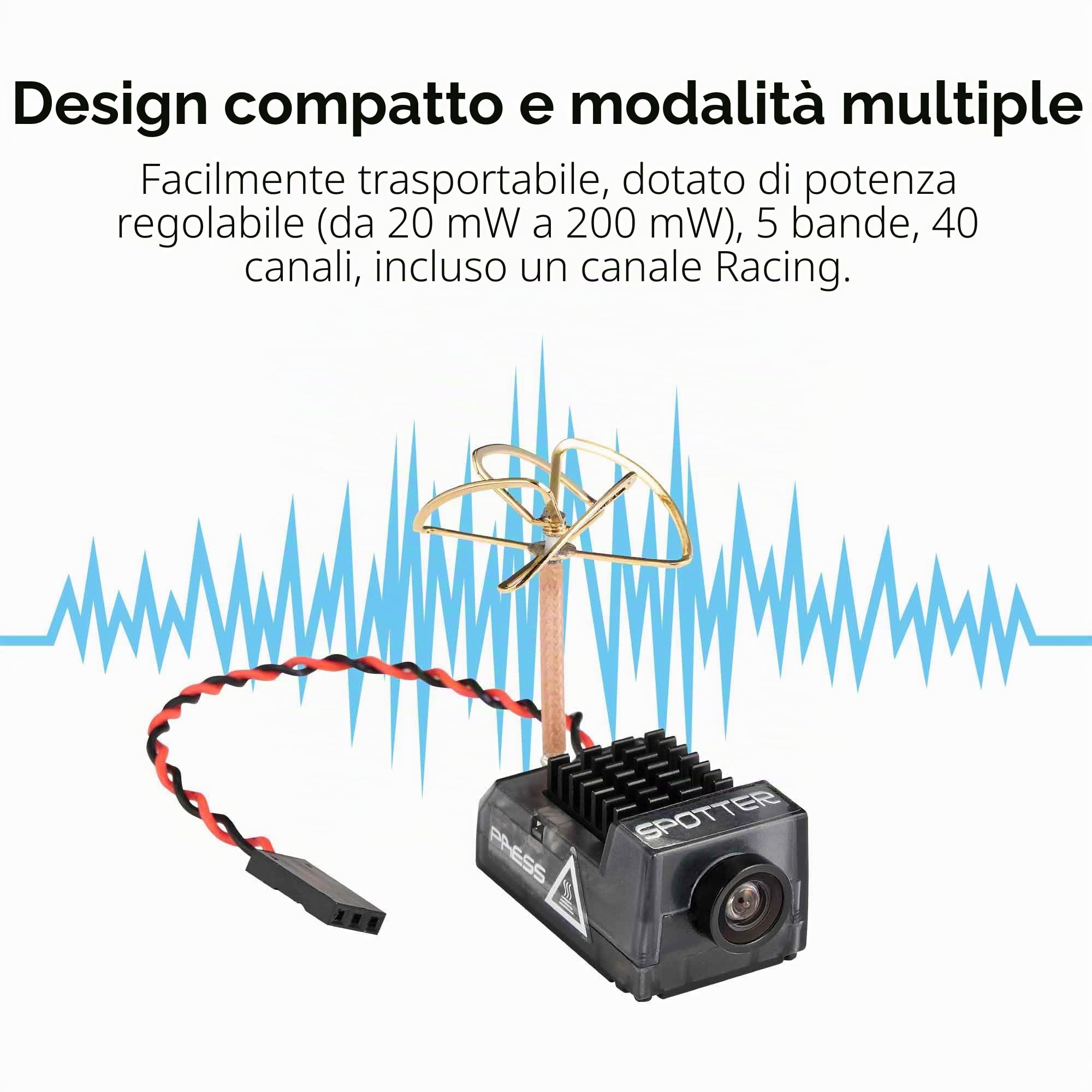 RunCam Spotter V2 FPV 5.8G Micro AIO Cam, OSD, microfono integrato, FOV170°, 700TVL, 40CH, 20MW-200MW, regolabile