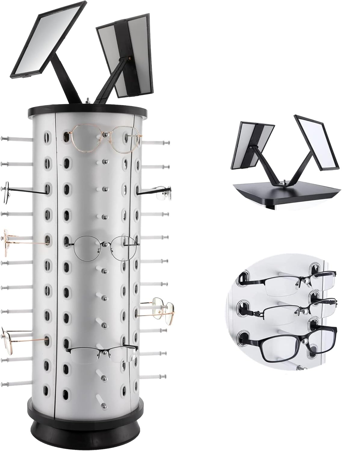 360° Rotating Glasses Display Stand Sunglasses Holder Organizer Rack Eyeglass Turning Commercial Display Stand Counter Top Sunglasses Display Rack with Mirror for 44 Pairs of Glasses