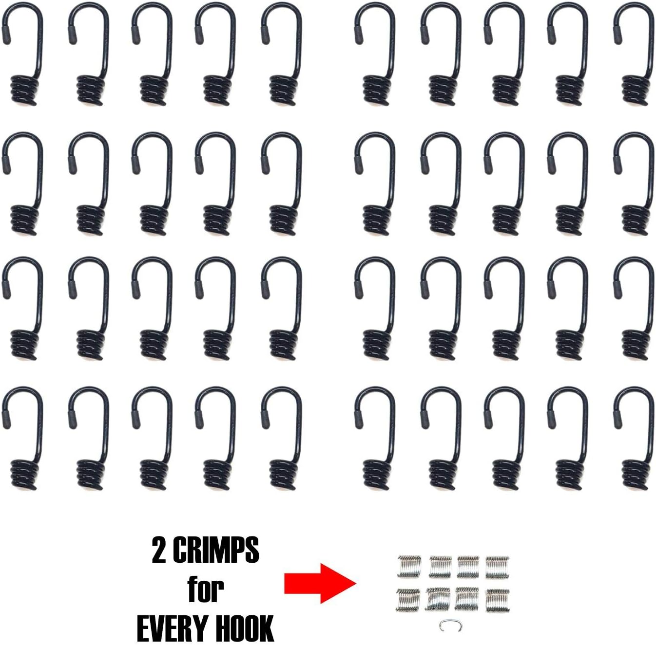 Hook & Cord - Metal Plastic-Coated Spring Hooks - Wire Bungee Cord Hooks - Strong Gauge with End Protective Cap - for Tarps, Covers, Sunshades (40, 3/16" MPC)