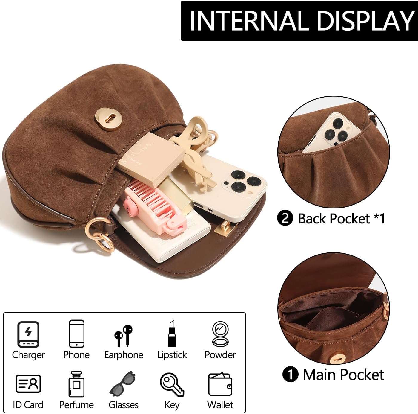 Suede Hobo Bag for Women, Vintage Crescent Crossbody Purse & Shoulder Bag for Everyday Casual Use