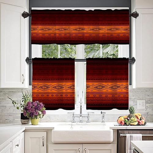 Miniatura 2 de Cenefas de cocina geométricas étnicas naranjas para ventanas, cortinas opacas abstractas de tribalfabric de poliéster multicapa para cocina y