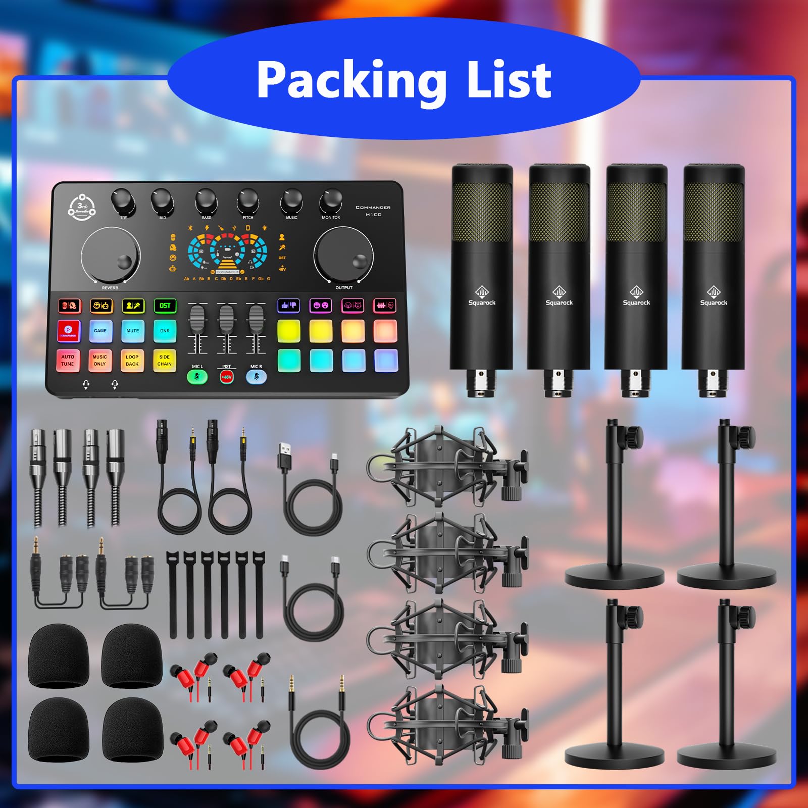 Podcast-Ausrüstungs-Set für 4, Audio-Interface mit 4 dynamischen Mikrofon, 4 Desktop-Mikrofonständer, Sprachwechsel, RGB, DJ-Mixer für Gesangsaufnahmen, Podcasting, Streaming, Singen TikTok, Commander