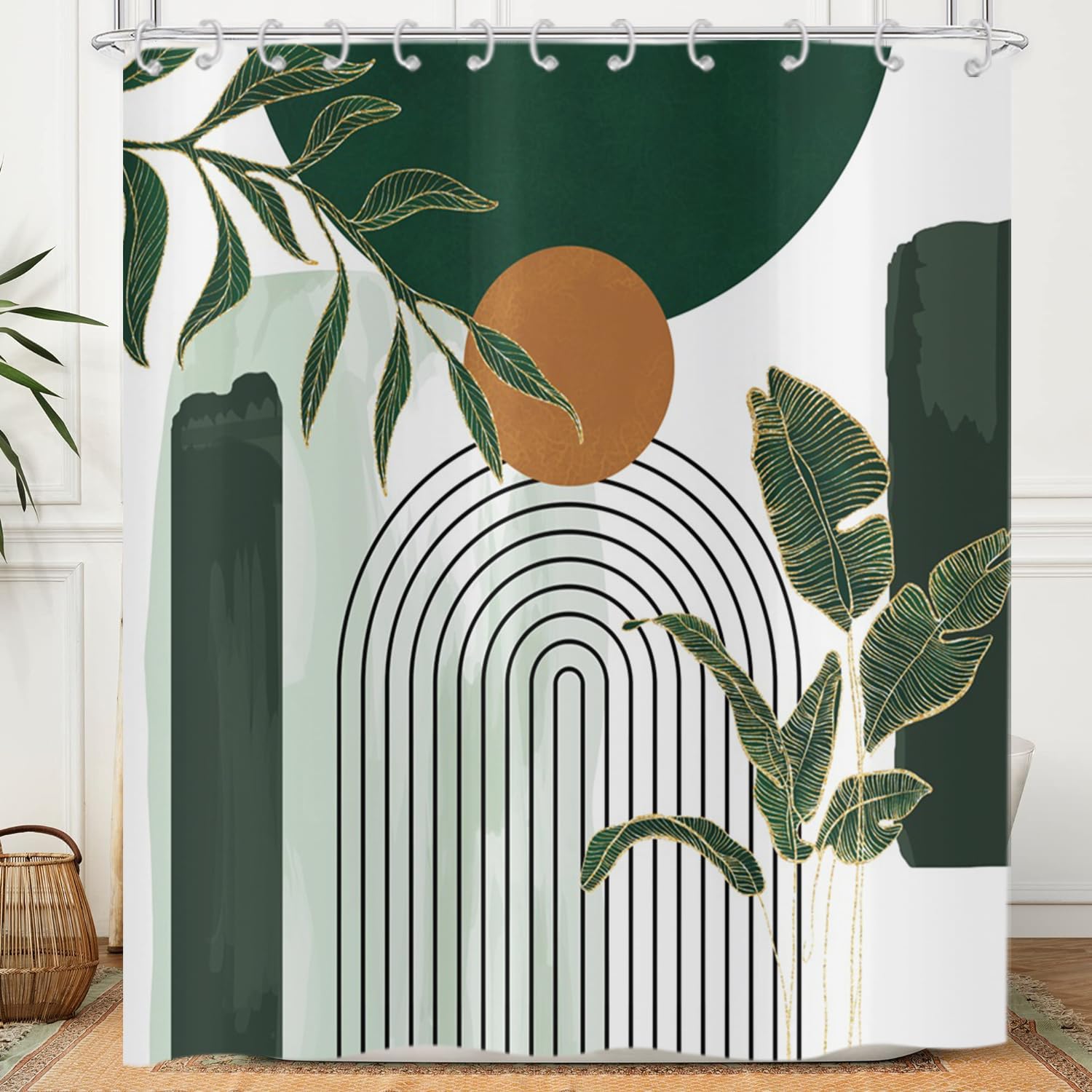Hnmdmyi Boho Shower Curtain 180x200, Mid Century Abstract Green Leaves Modern Sun Minimalist Aesthetic Geometric Neutral Bathroom Shower Curtains Waterproof Polyester Fabric Washable Bath Curtains — image 1