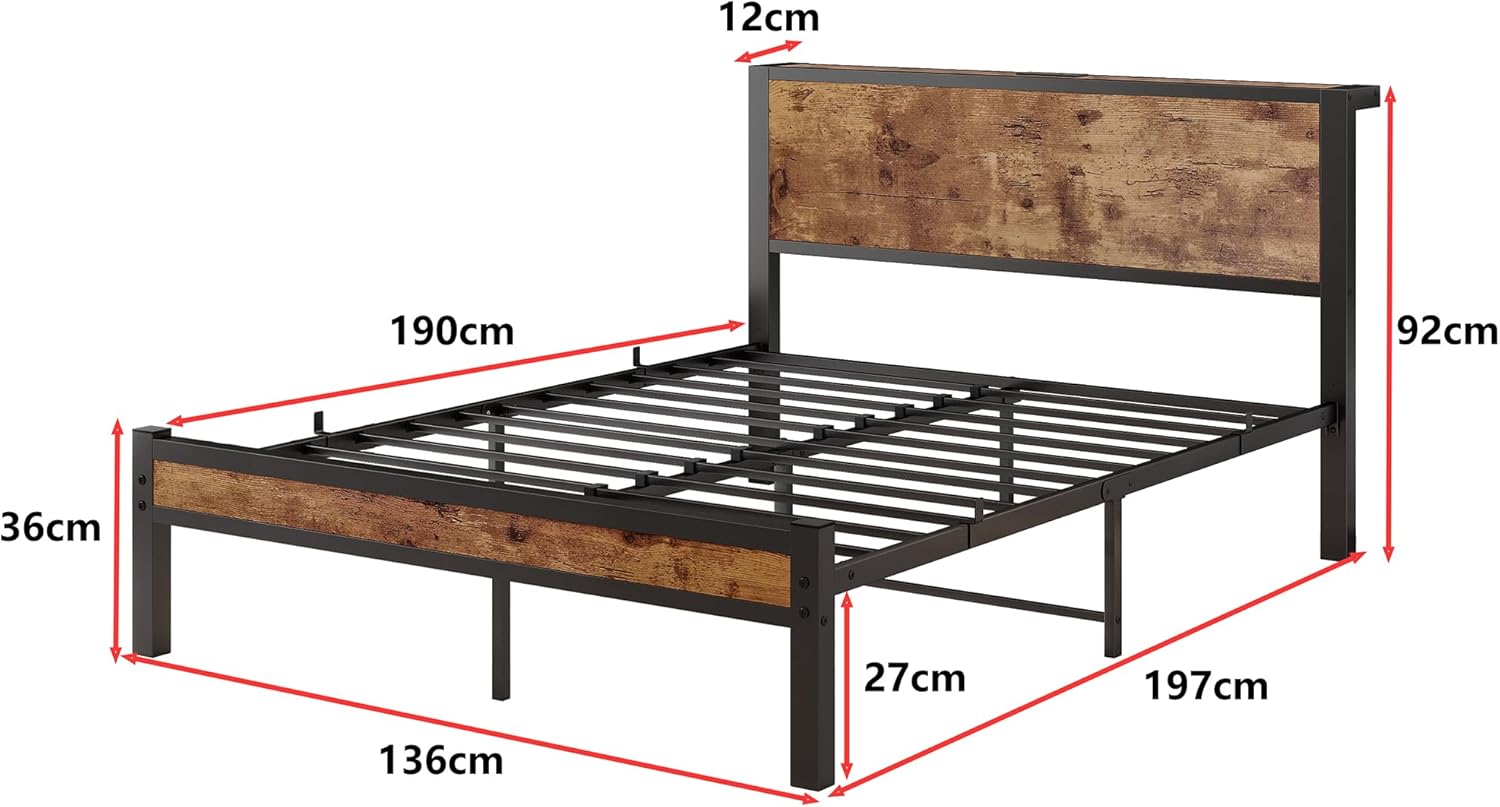 Diolong Full Bed Frame with Wood Storage Headboard,Double Bed Frame,Metal Platform Bed Frame Double Under Bed Storage, Heavy Duty/Mattress Foundation/No Box Spring Needed/Vintage Brown - Image 2